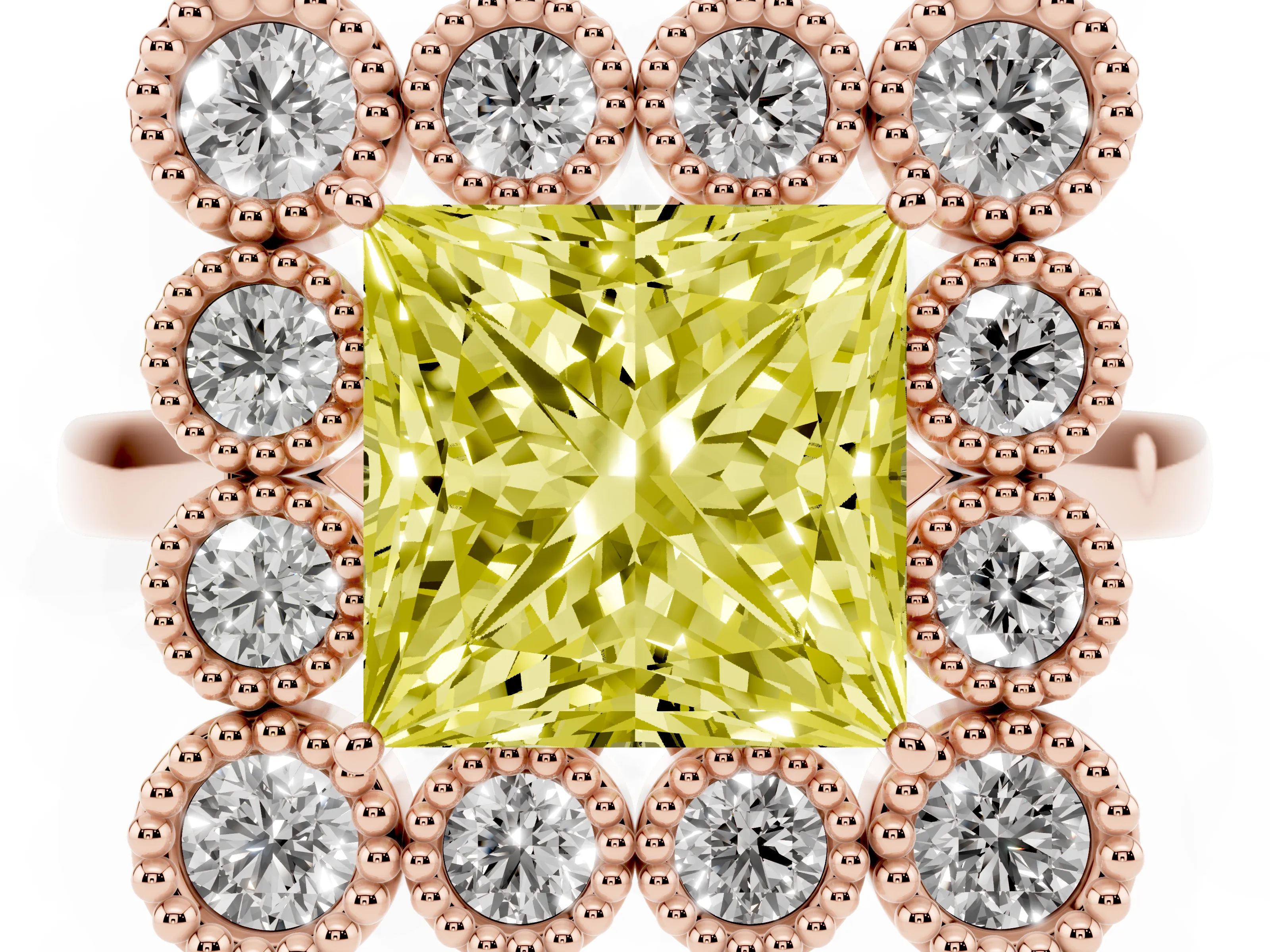 Fancy Yellow Princess Cut Diamond Cluster Halo Ring Set in Rose gold with Milgrain Bezel Accents and Plain Band
