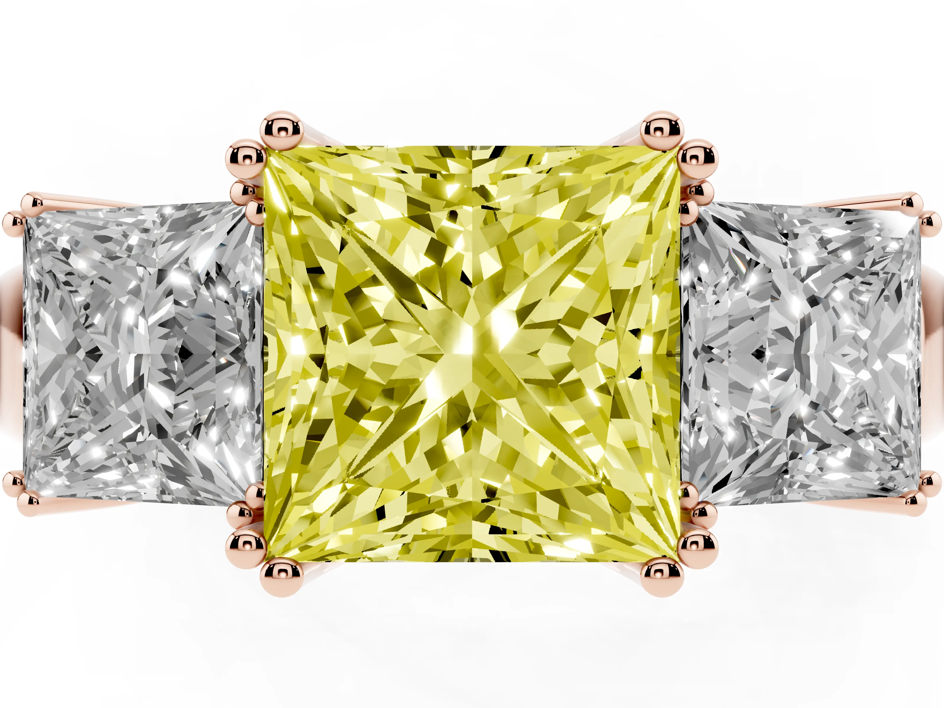 Fancy Yellow Princess Cut Diamond Three-Stone Ring Set in Rose gold with Polished Channel-Set Band