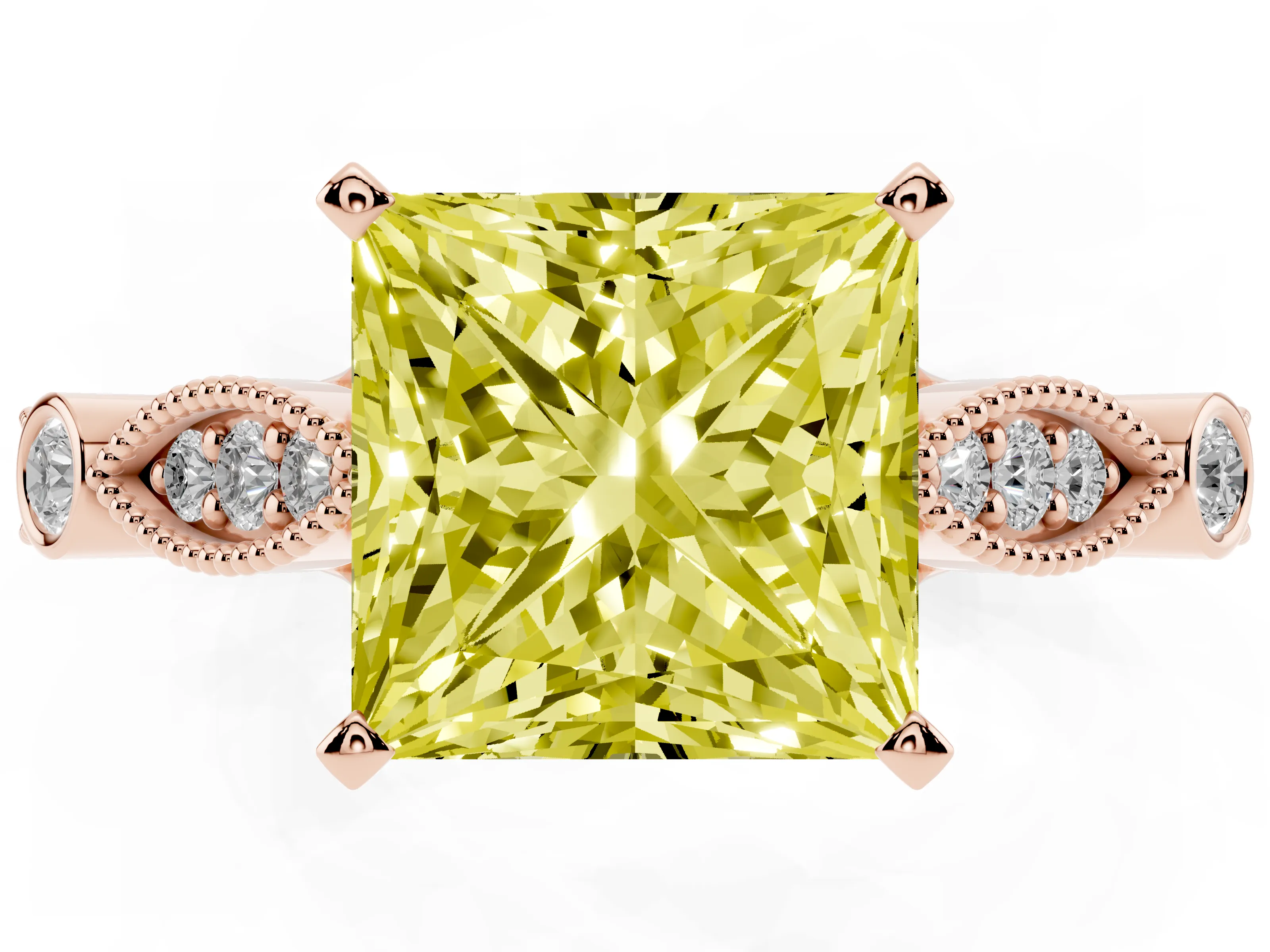 Fancy Yellow Princess Cut Diamond Solitaire Ring Set in Rose gold with Milgrain Marquise and Bezel Accents