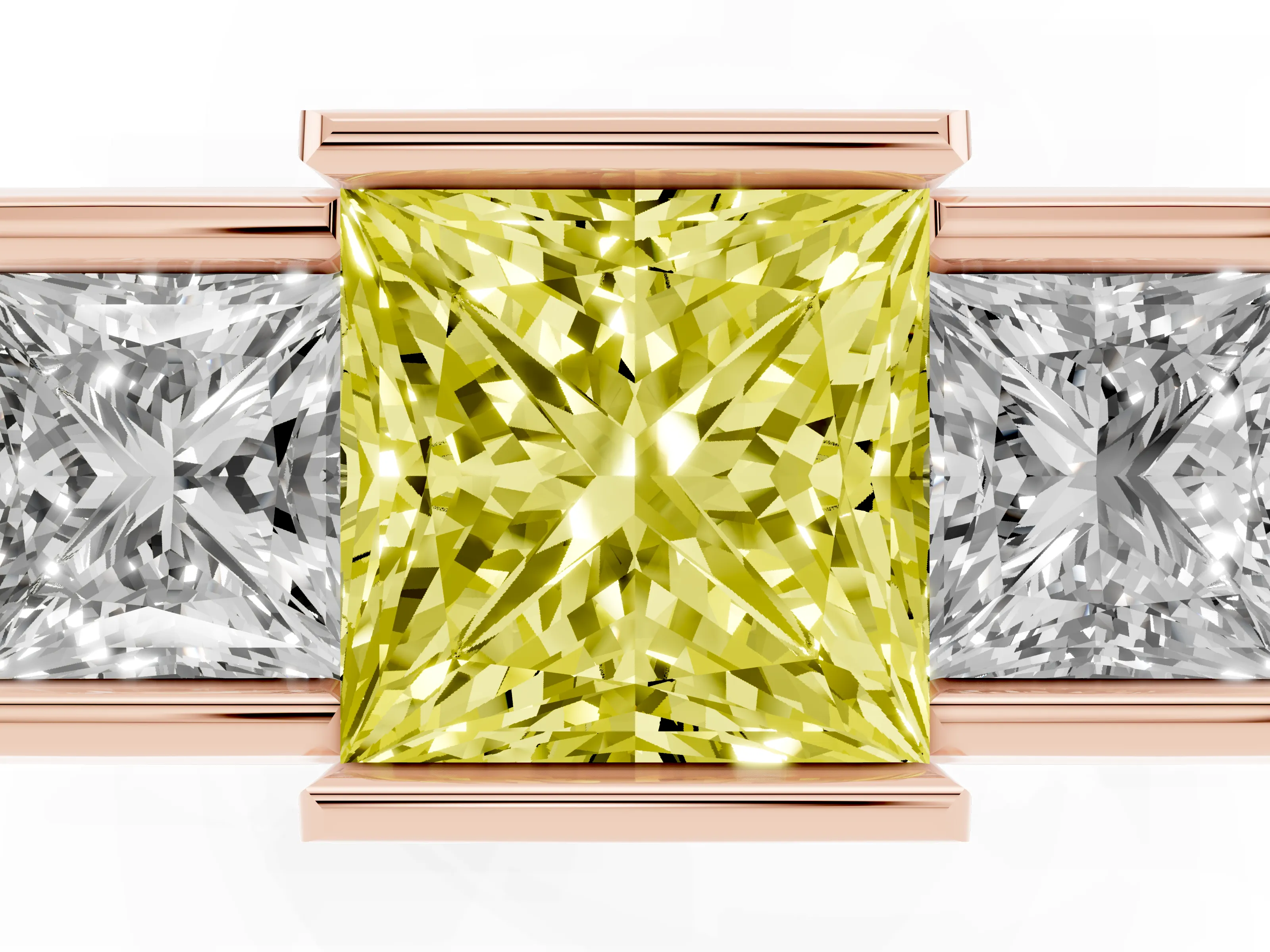 Fancy Yellow Princess Cut Diamond Three-Stone Channel Set Ring Set in Rose gold with Smooth Polished Band