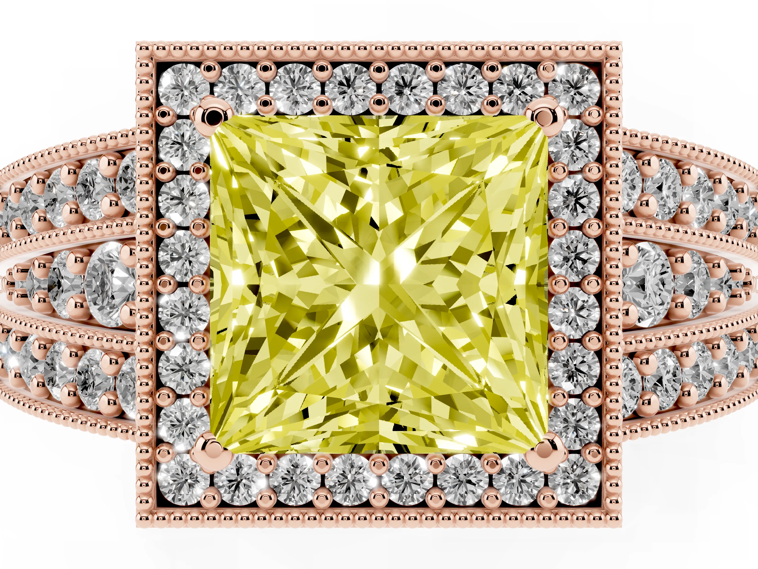 Fancy Yellow Princess Cut Diamond Halo Ring Set in Rose gold with Accent Split Shank and Prong Setting