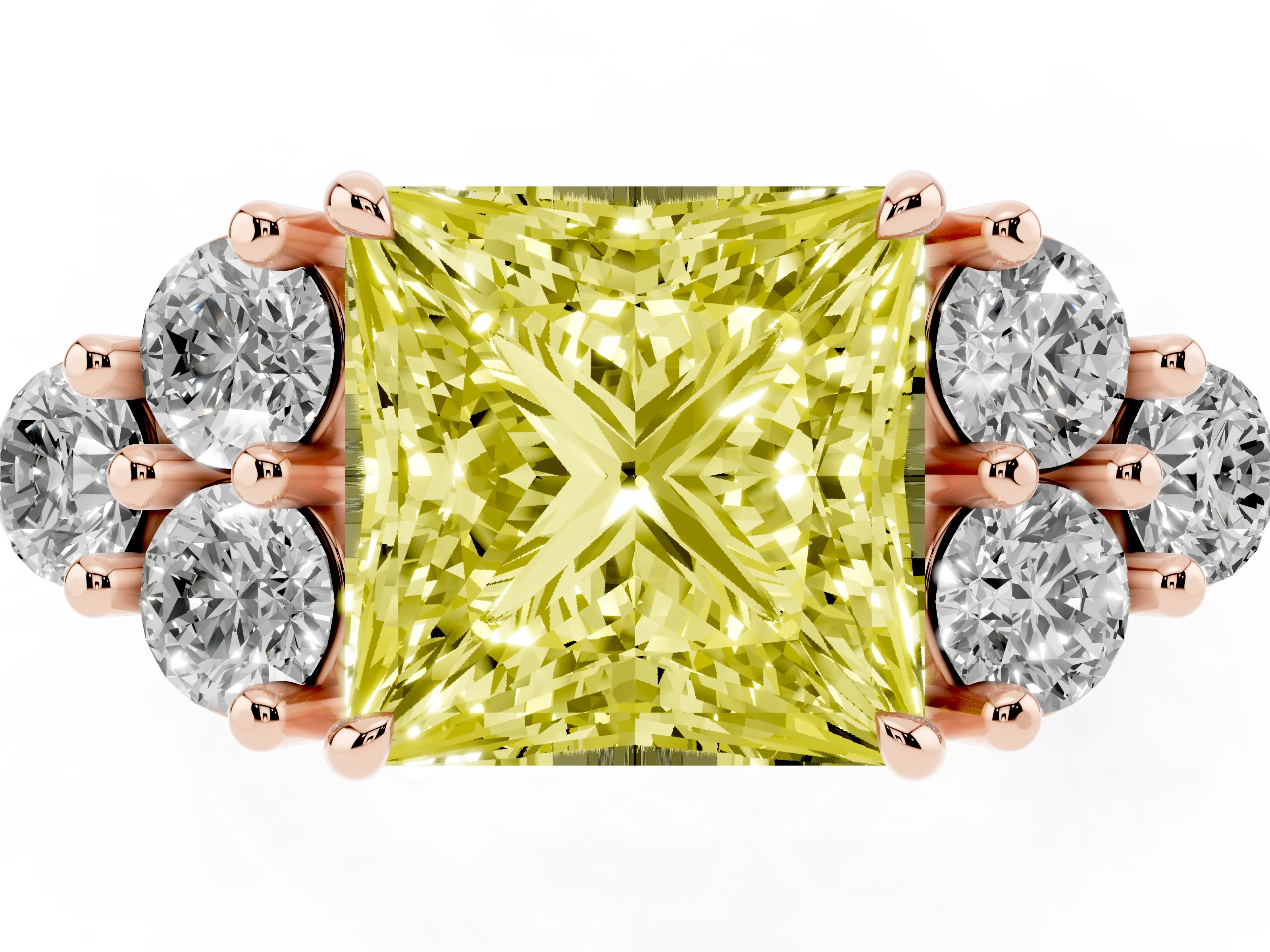 Fancy Yellow Princess Cut Diamond Solitaire Ring Set in Rose gold with Cluster Accents on Each Side