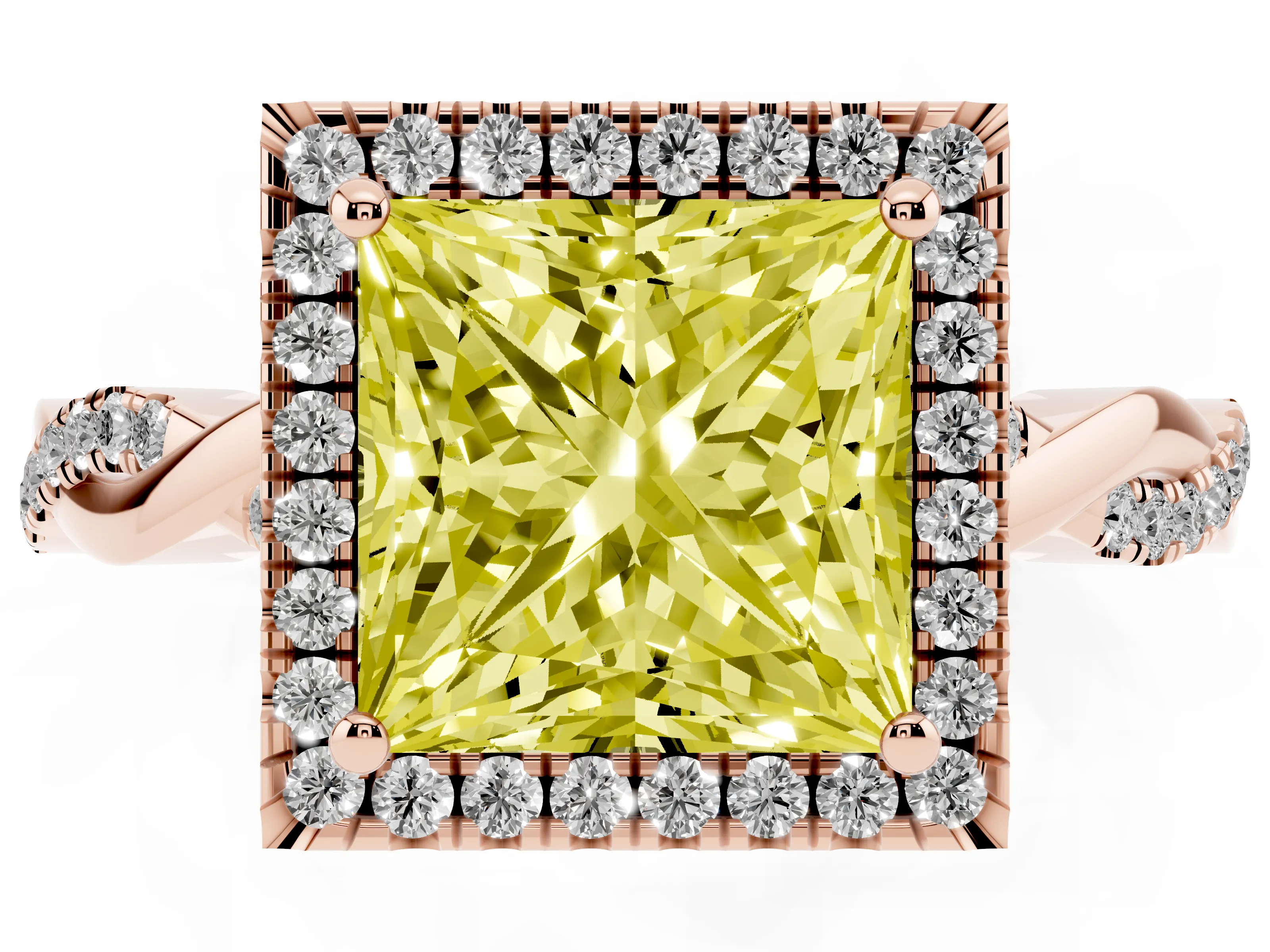 Fancy Yellow Princess Cut Diamond Halo Twisted Band Ring Set in Rose gold with Prong Setting
