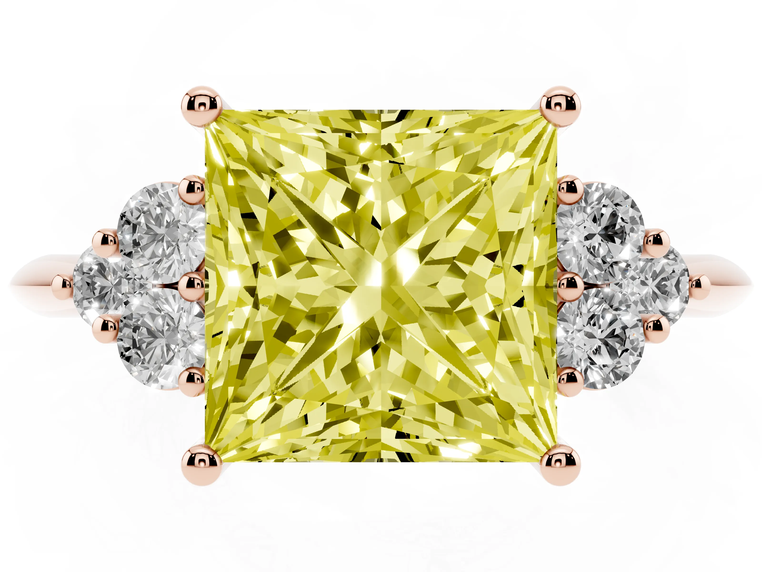 Fancy Yellow Princess Cut Diamond Cluster Ring Set in Rose gold with Plain Band and Prong Setting