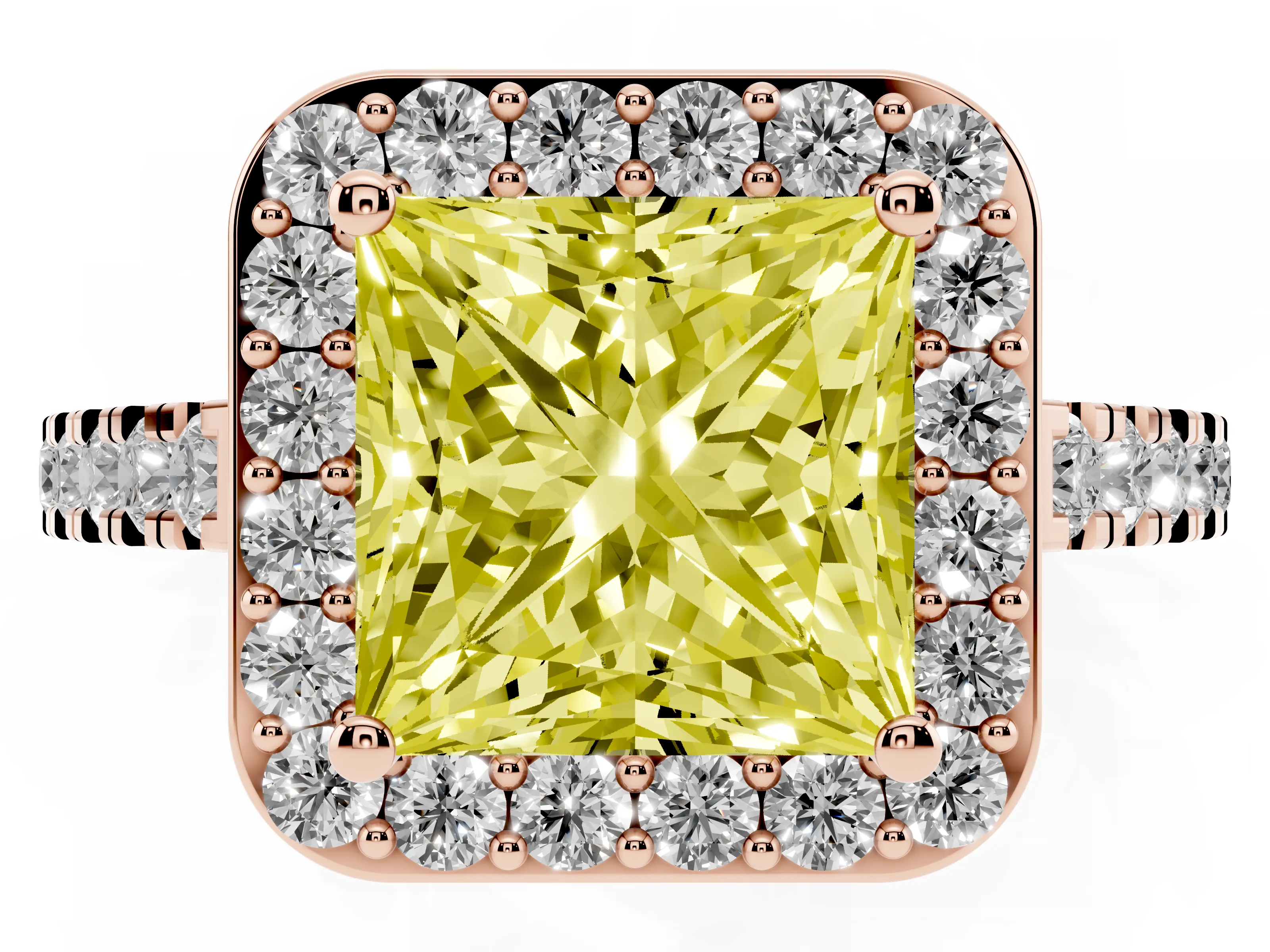 Fancy Yellow Princess Cut Diamond Halo Ring Set in Rose gold with Round Pavé Split Shank and Prong Setting