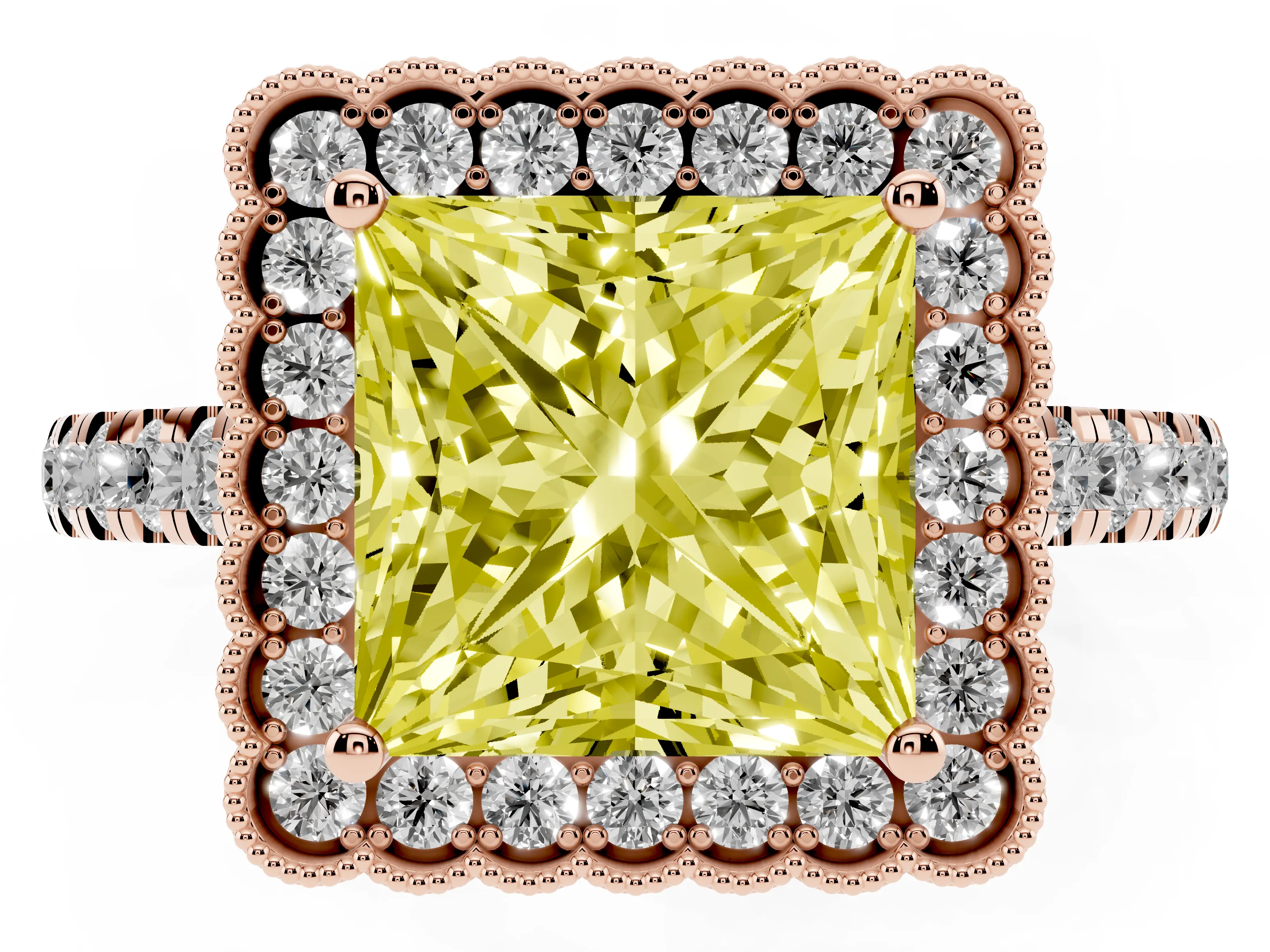 Fancy Yellow Princess Cut Diamond Milgrain Floral Halo Engagement Ring Set in Rose gold with Pavé Band