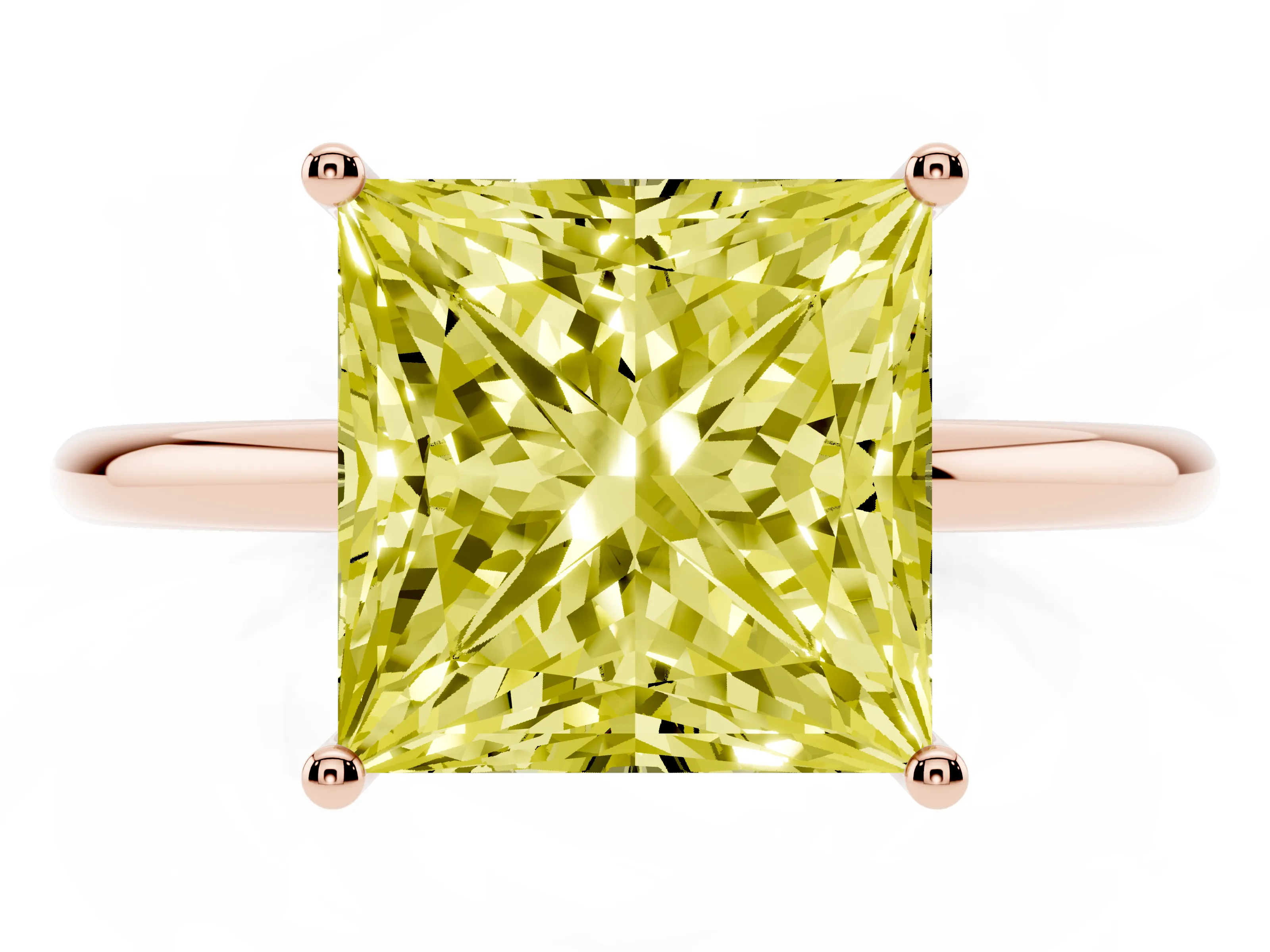 Fancy Yellow Princess Cut Diamond Solitaire Engagement Ring Set in Rose gold with Thin Band and Prong Setting