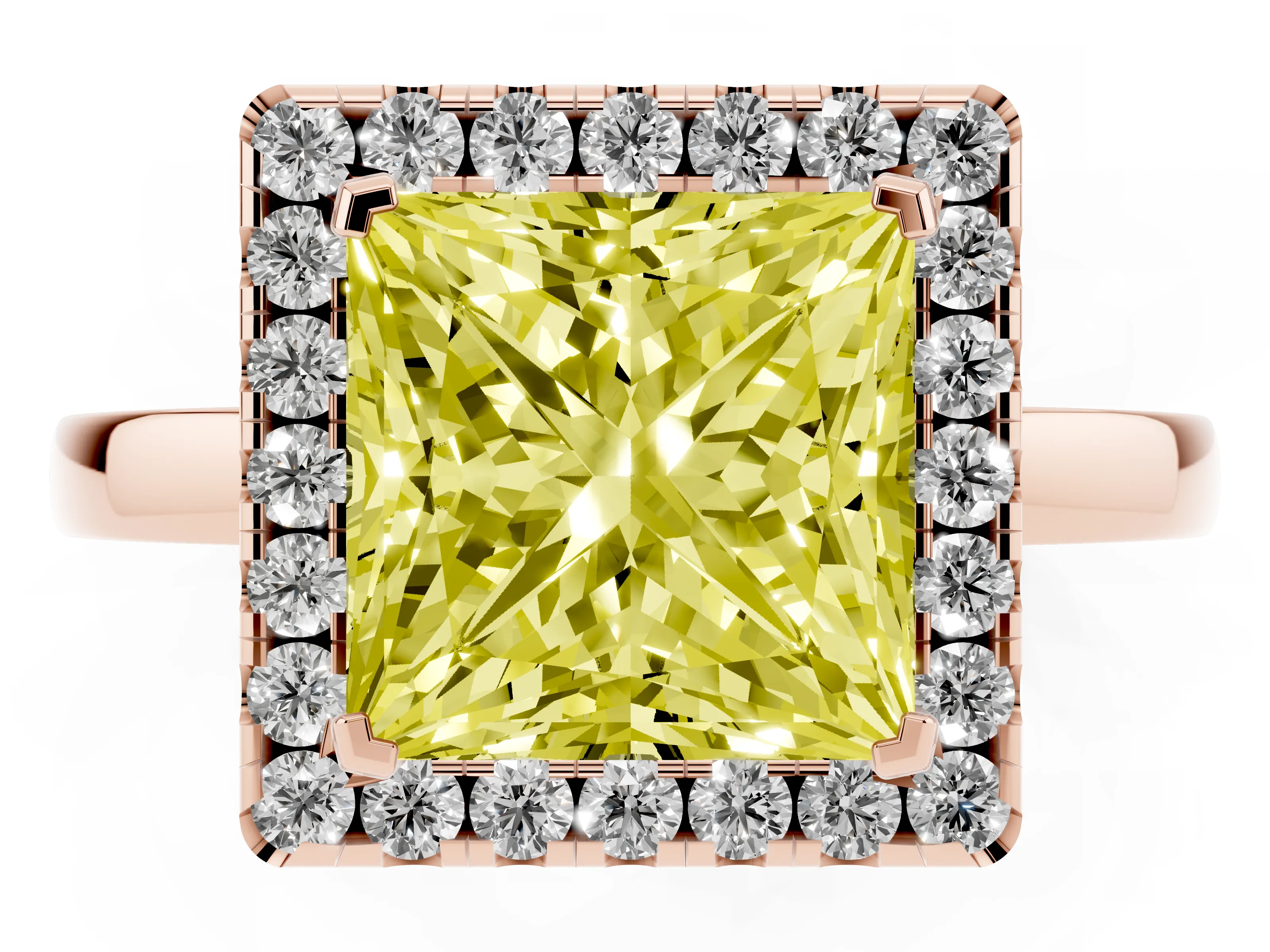 Fancy Yellow Princess Cut Diamond Halo Solitaire Ring Set in Rose gold with Pavé Band and Prong Setting