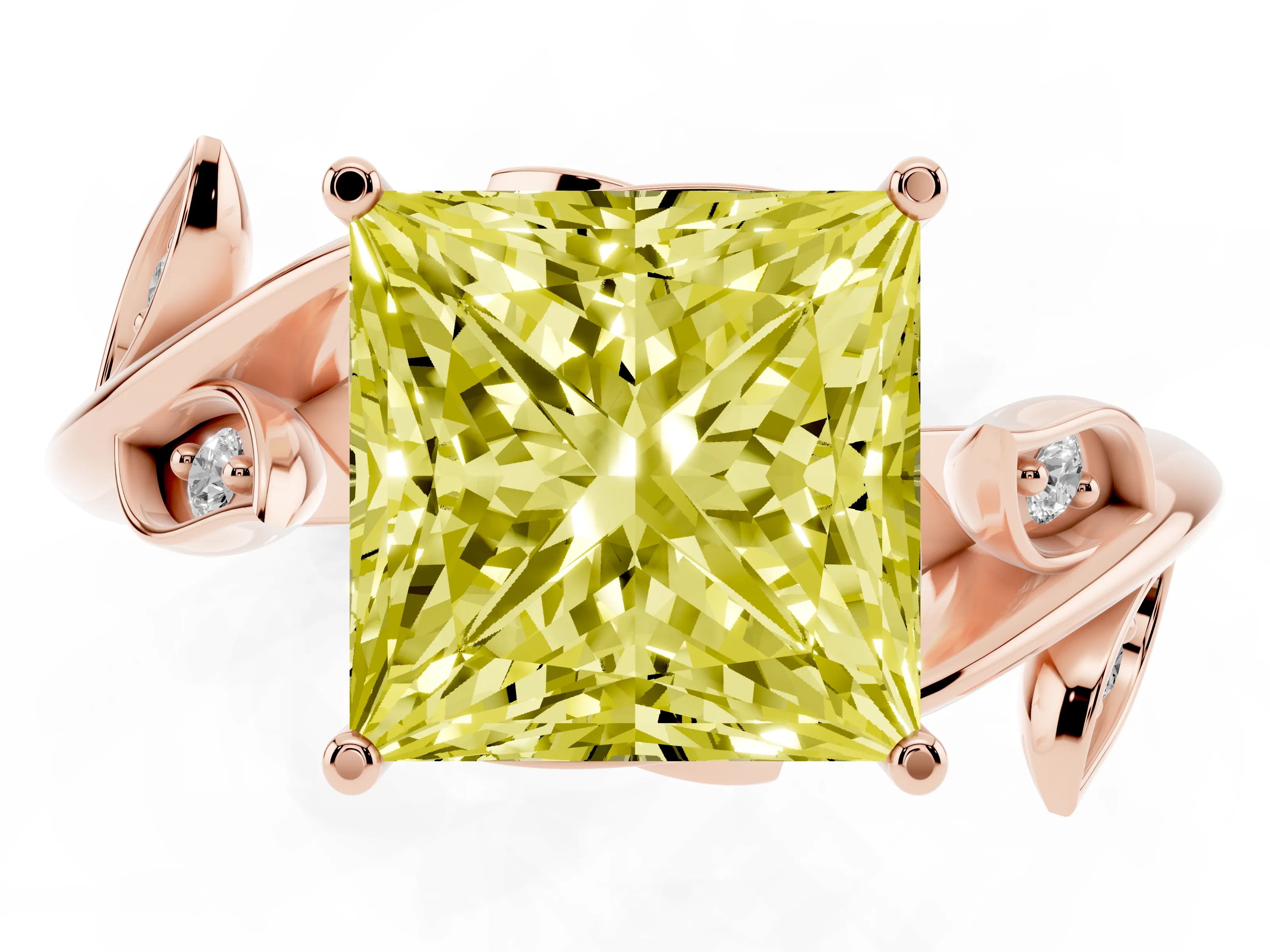 Fancy Yellow Princess Cut Diamond Solitaire Twist Engagement Ring Set in Rose gold with Pavé Leaf Accents