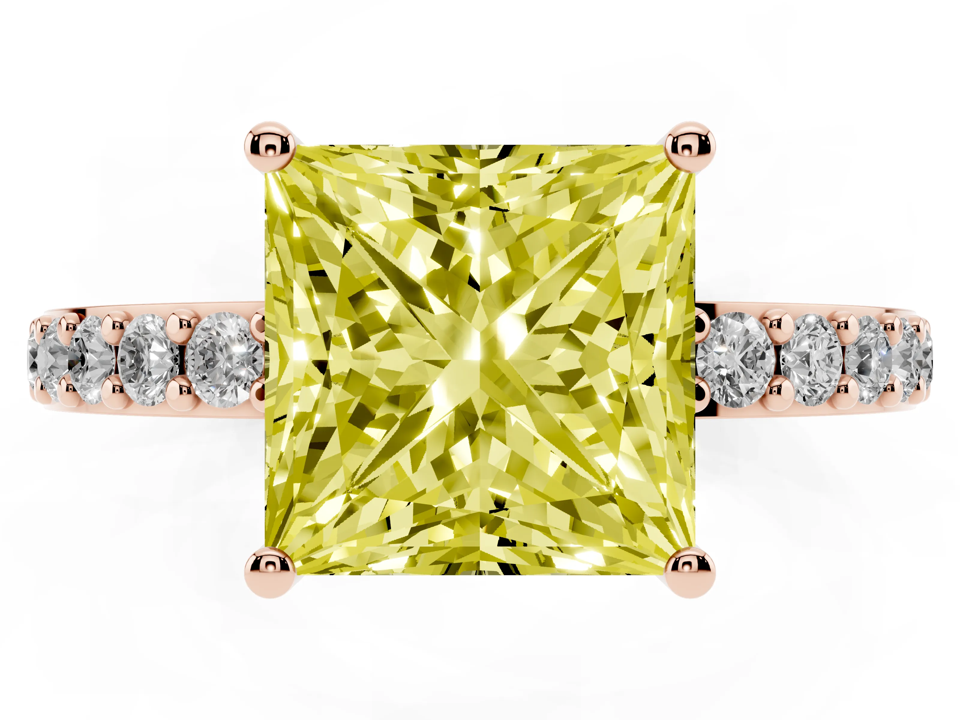 Fancy Yellow Princess Cut Diamond Solitaire Set in Rose gold with Round Pavé Band and Prong Setting