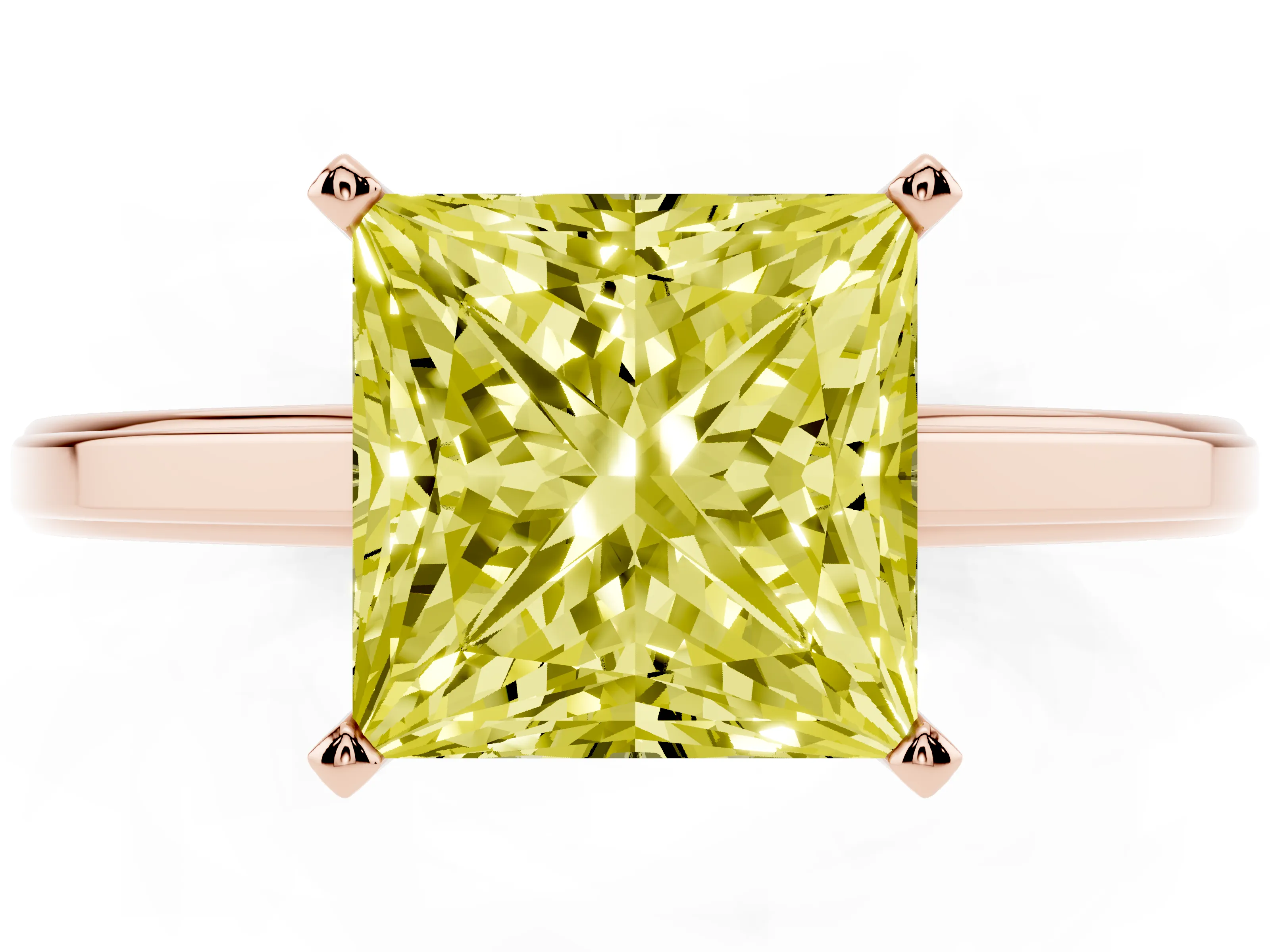 Fancy Yellow Princess Cut Diamond Solitaire Ring Set in Rose gold with Prong Setting and Classic Band