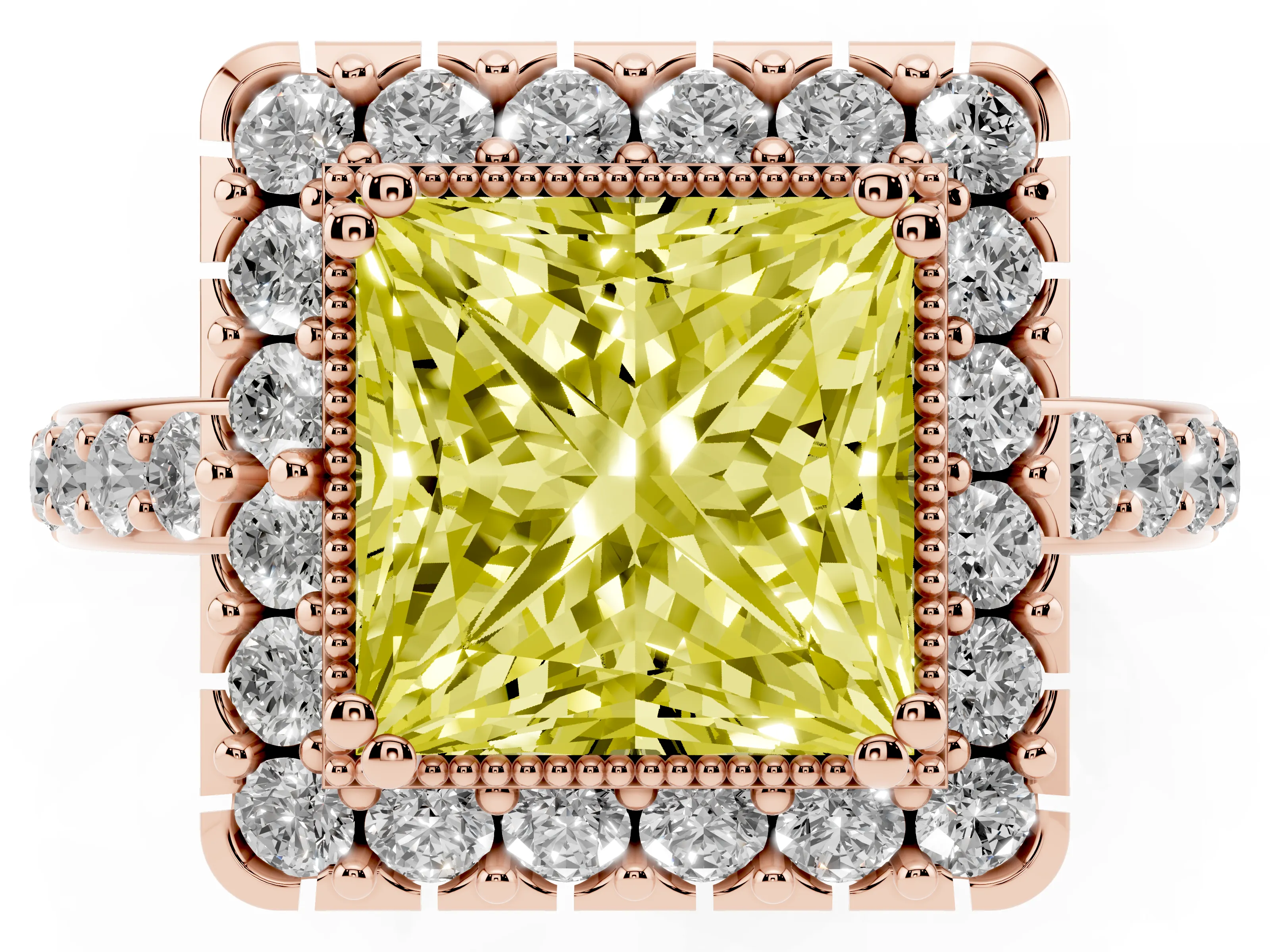 Fancy Yellow Princess Cut Diamond Halo Ring Set in Rose gold with Pavé Shank and Prong Setting