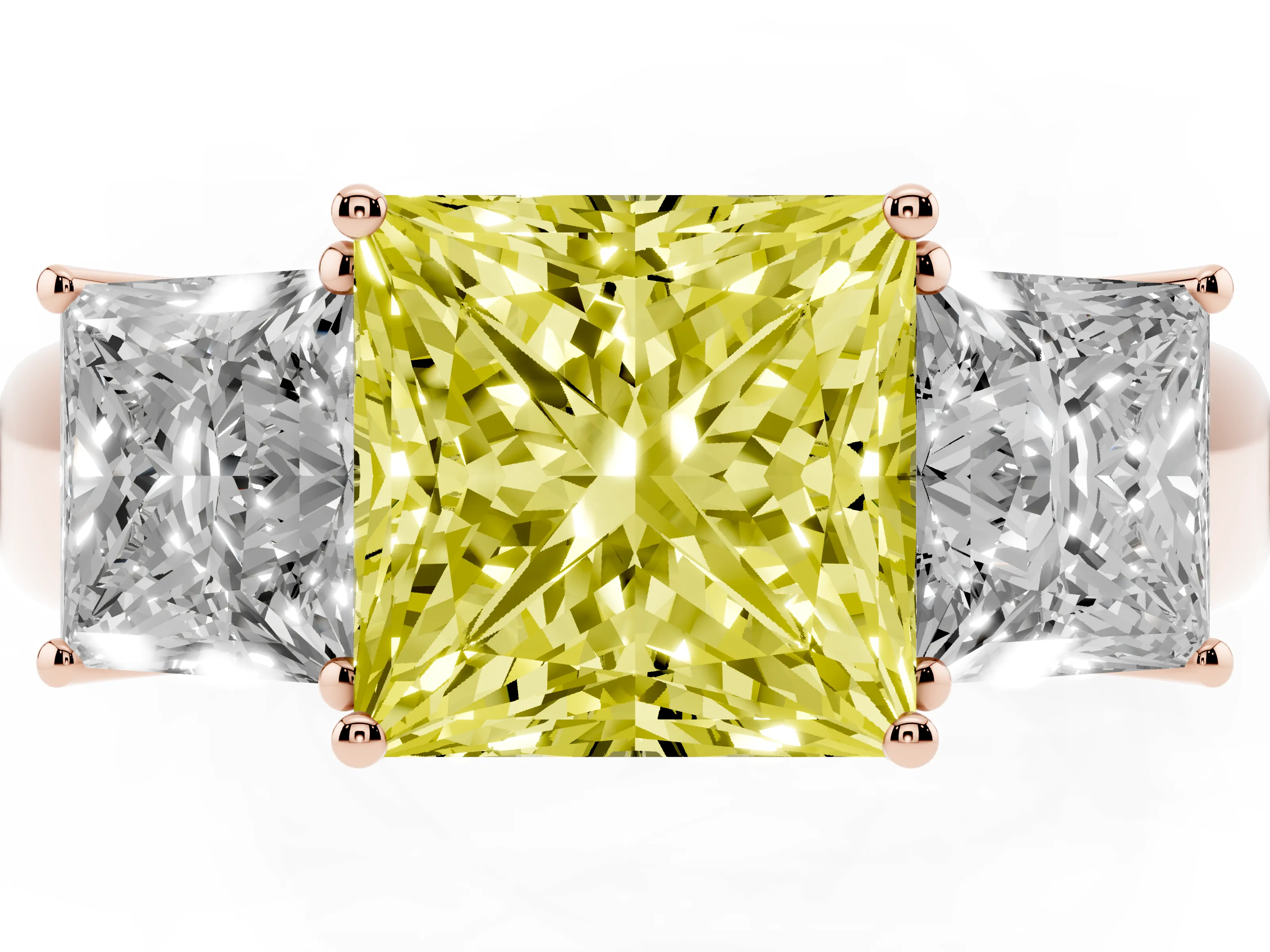 Fancy Yellow Three-Stone Princess Cut Diamond Ring Set in Rose gold with Matching Prong Settings and Plain Band