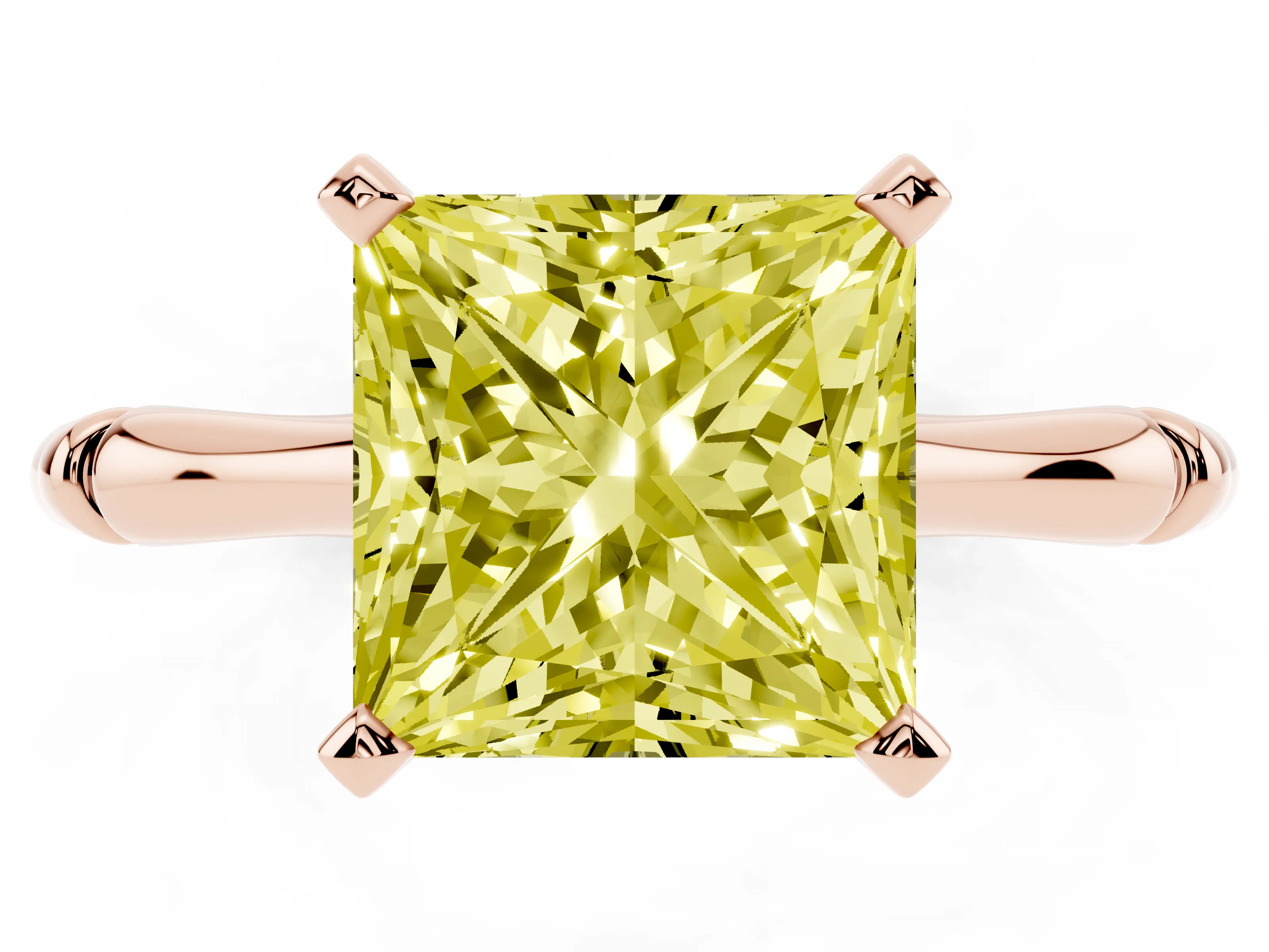 Fancy Yellow Princess Cut Diamond Solitaire Ring Set in Rose gold with Bamboo Band and Prong Setting