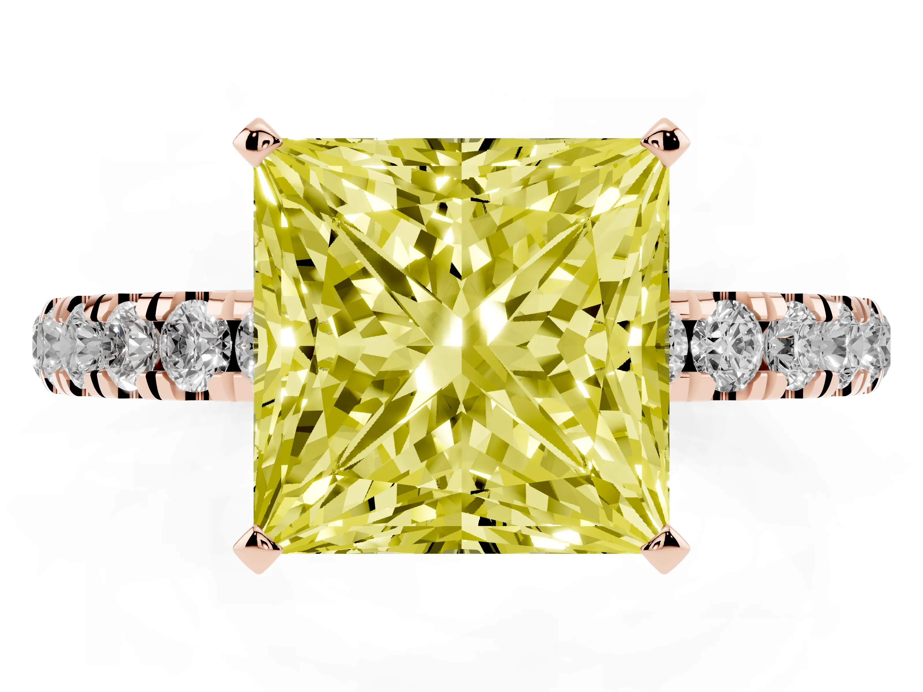 Fancy Yellow Princess Cut Diamond Solitaire Ring Set in Rose gold with Pavé Accents and Prong Setting
