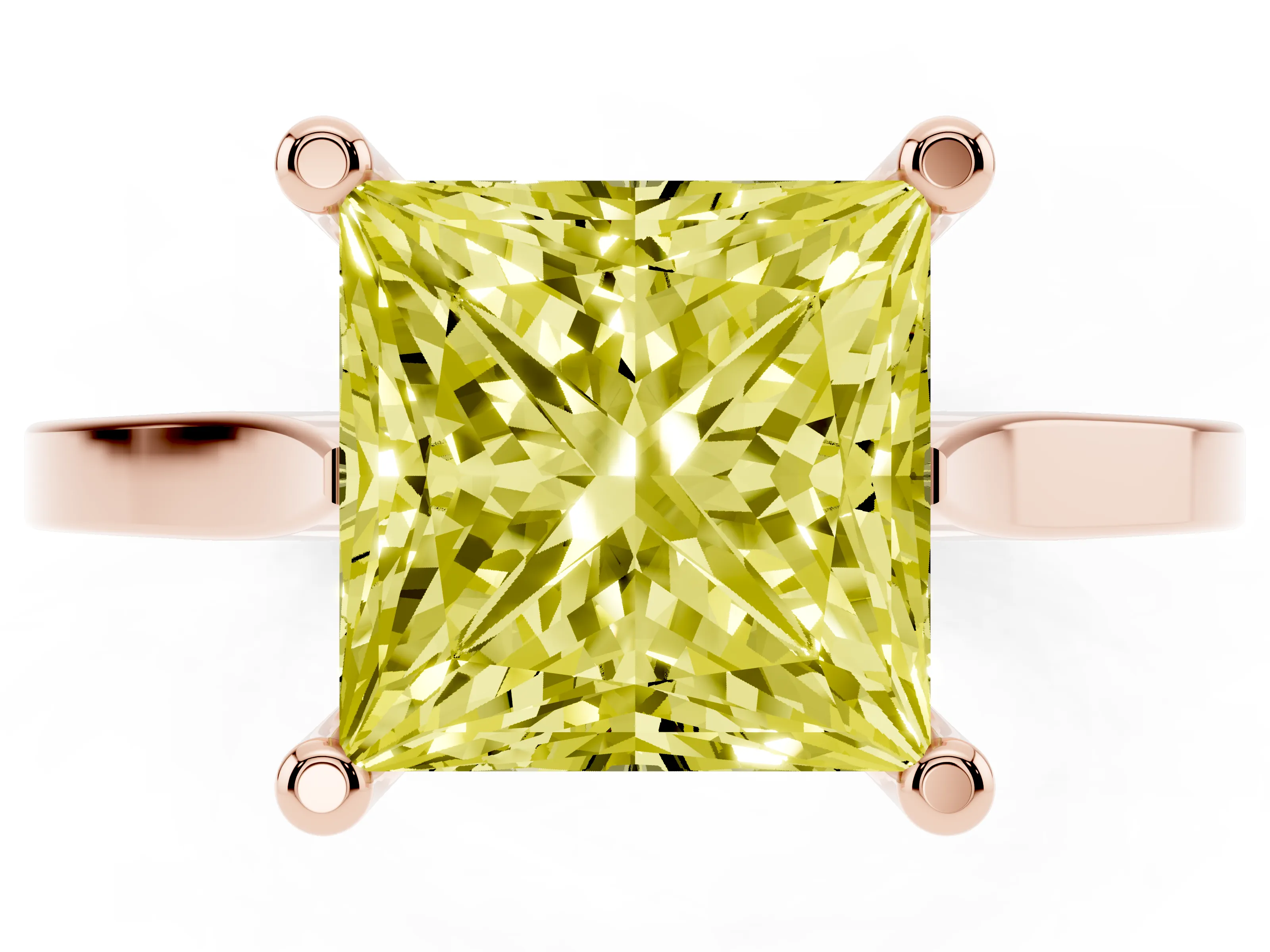 Fancy Yellow Princess Cut Diamond Solitaire Ring Set in Rose gold with Prong Setting and Tapered Band