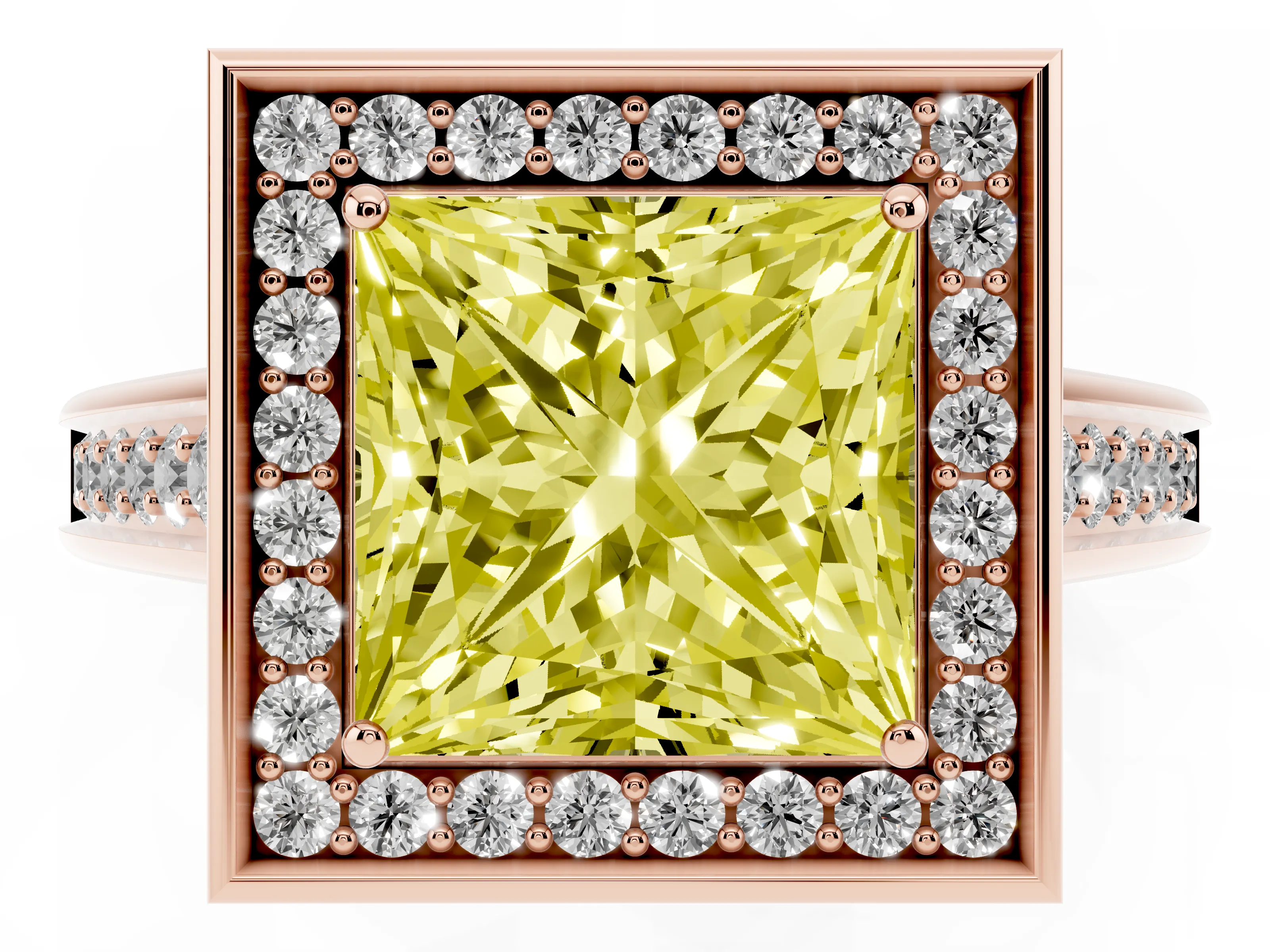 Fancy Yellow Princess Cut Diamond Halo Solitaire Ring Set in Rose gold with Pavé Band and Bezel Setting