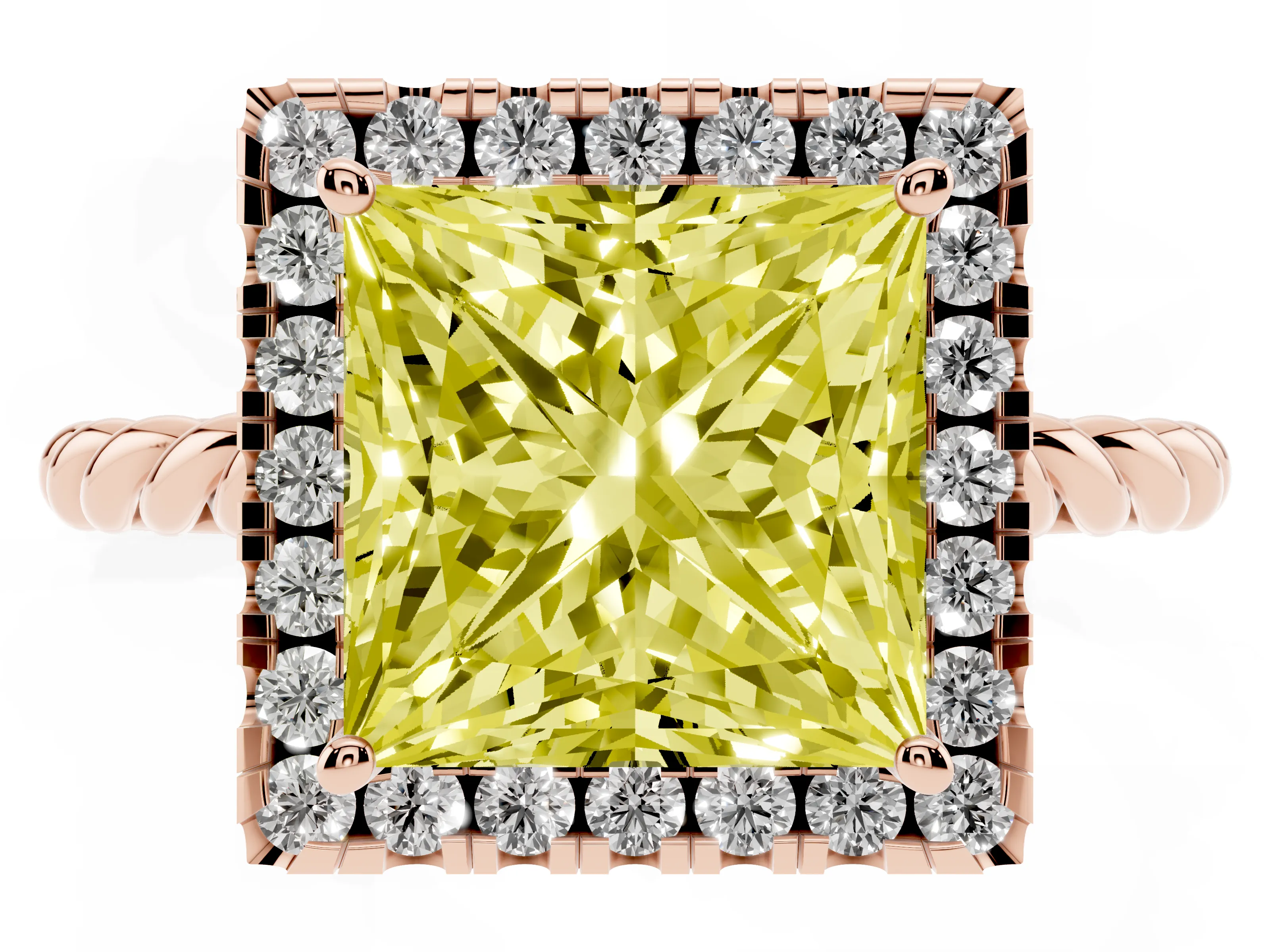 Fancy Yellow Princess Cut Diamond Halo Ring Set in Rose gold with Plain Twisted Band
