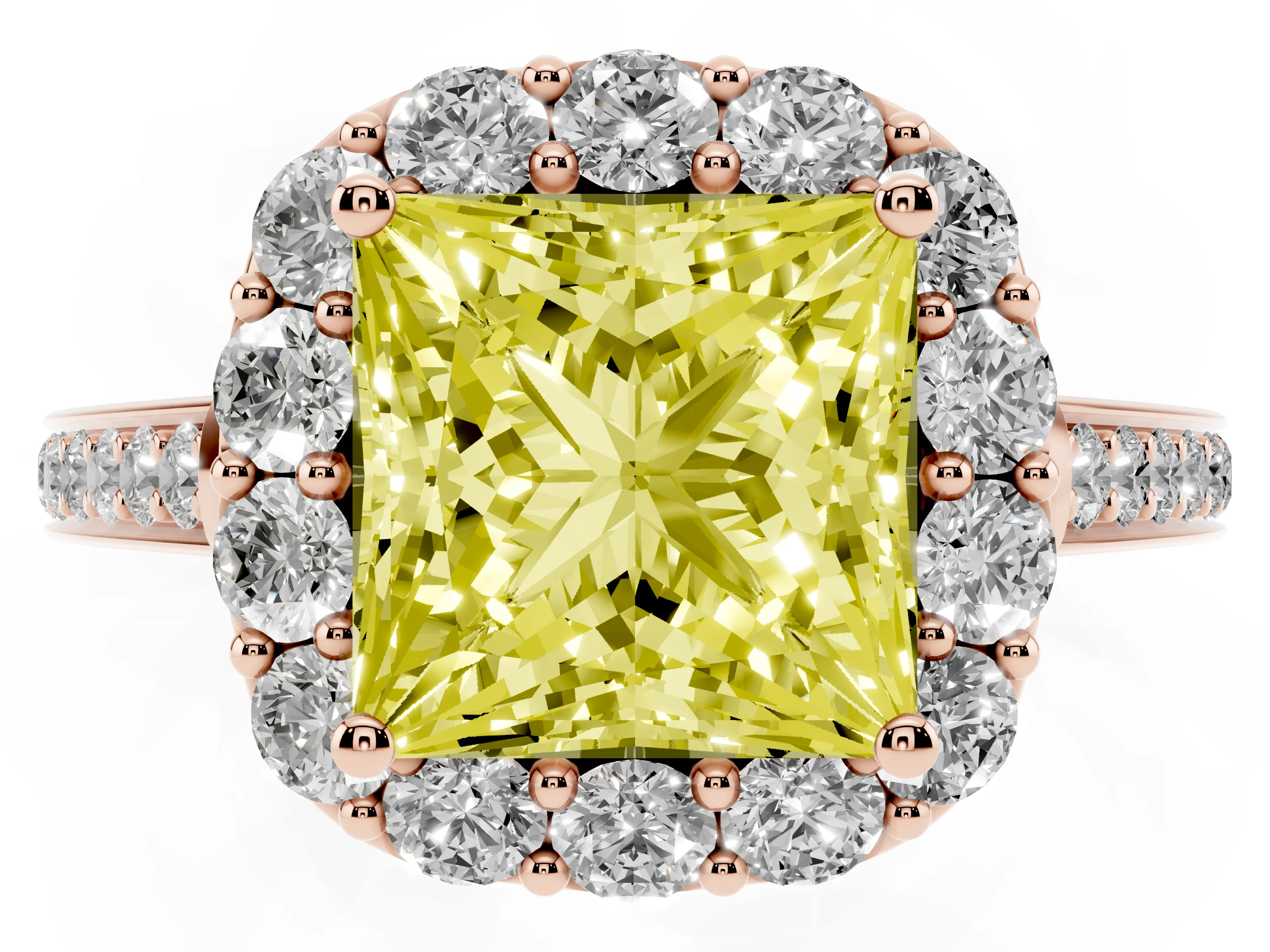 Fancy Yellow Princess Cut Diamond Floral Halo Ring Set in Rose gold with Pavé Band and Prong Setting
