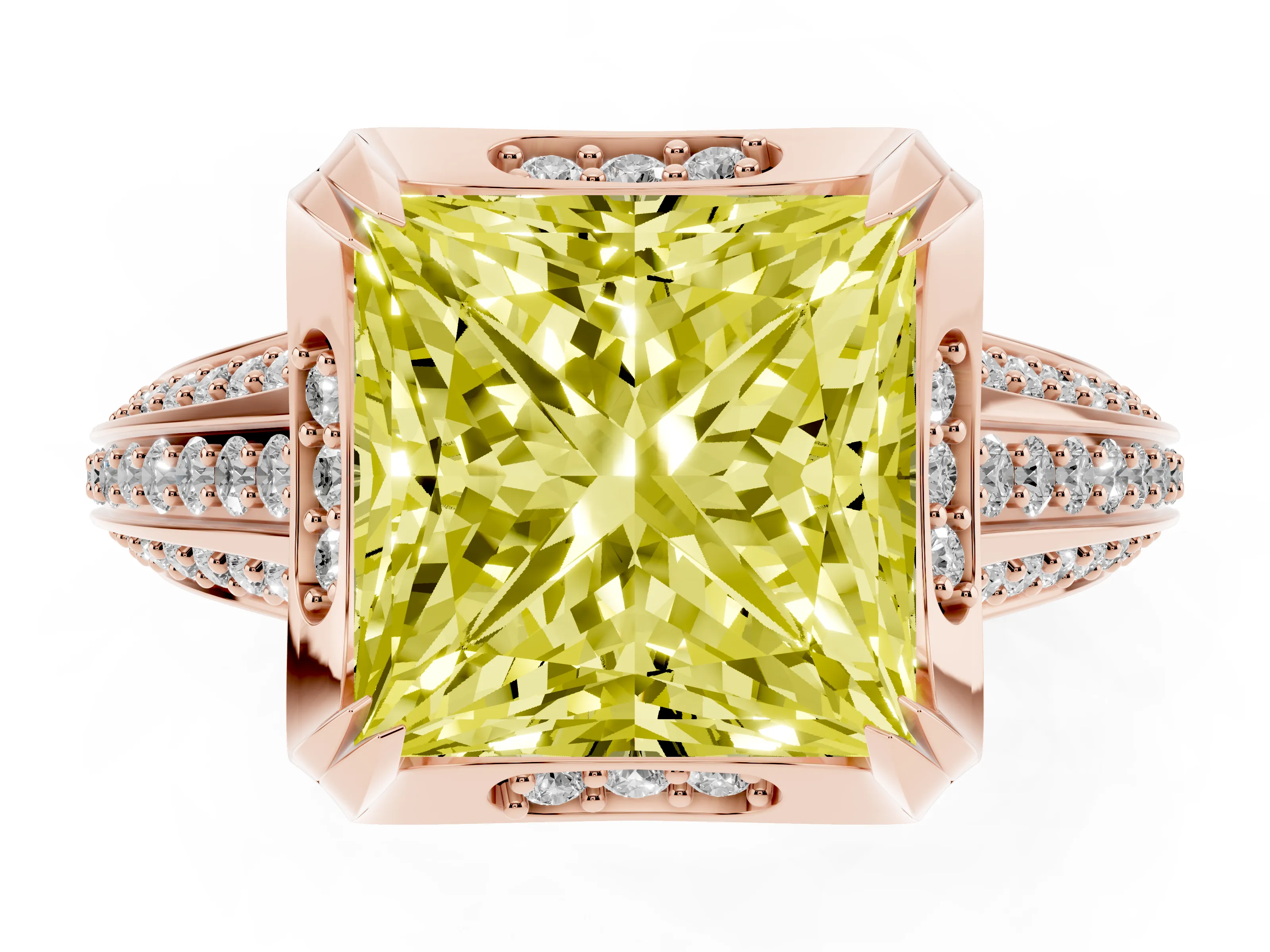 Fancy Yellow Princess Cut Diamond Pavé Split Shank Solitaire Ring Set in Rose gold with Prong Setting