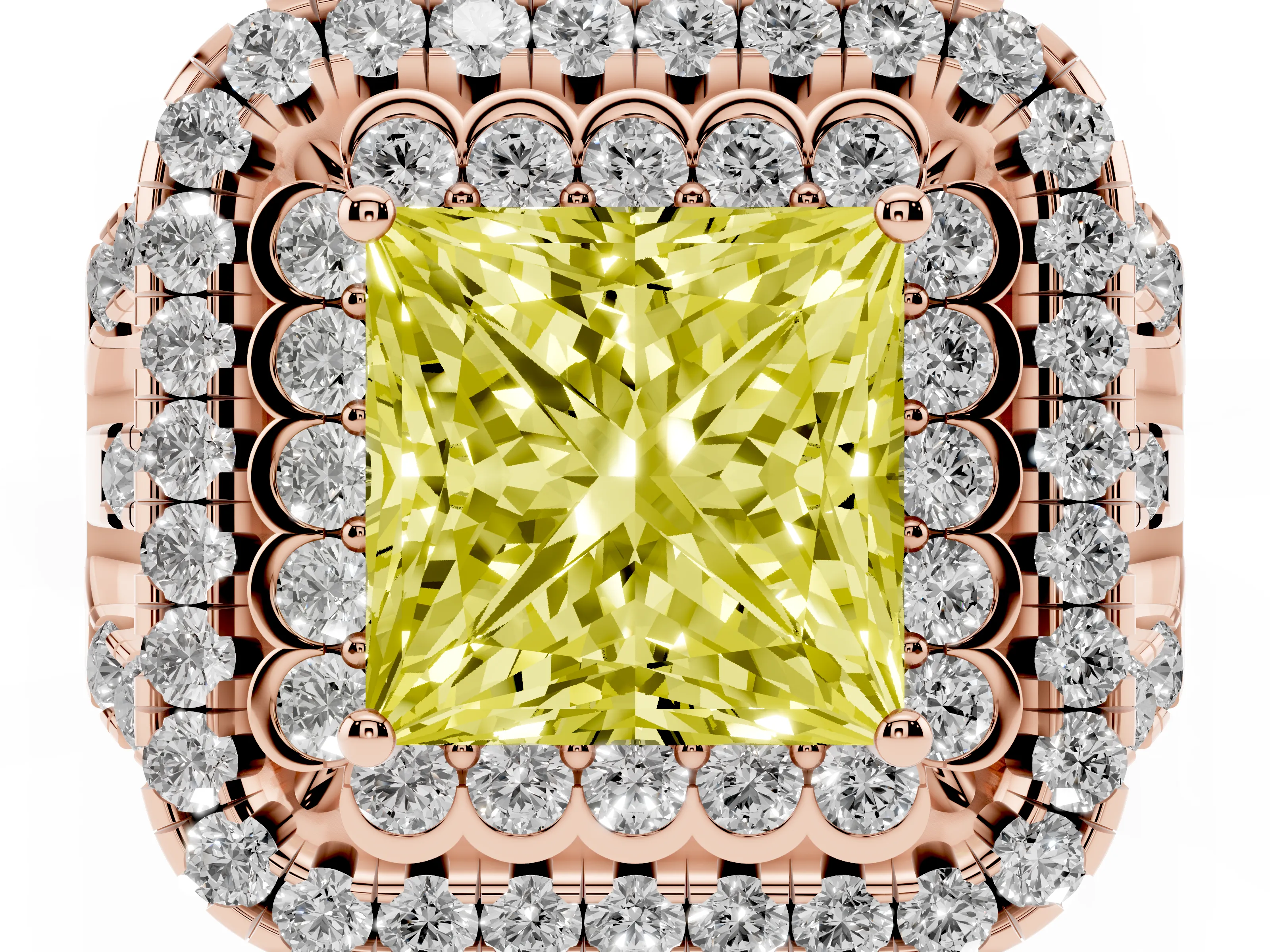 Fancy Yellow Princess Cut Diamond Double Halo Ring Set in Rose gold with Round Pavé Split Shank