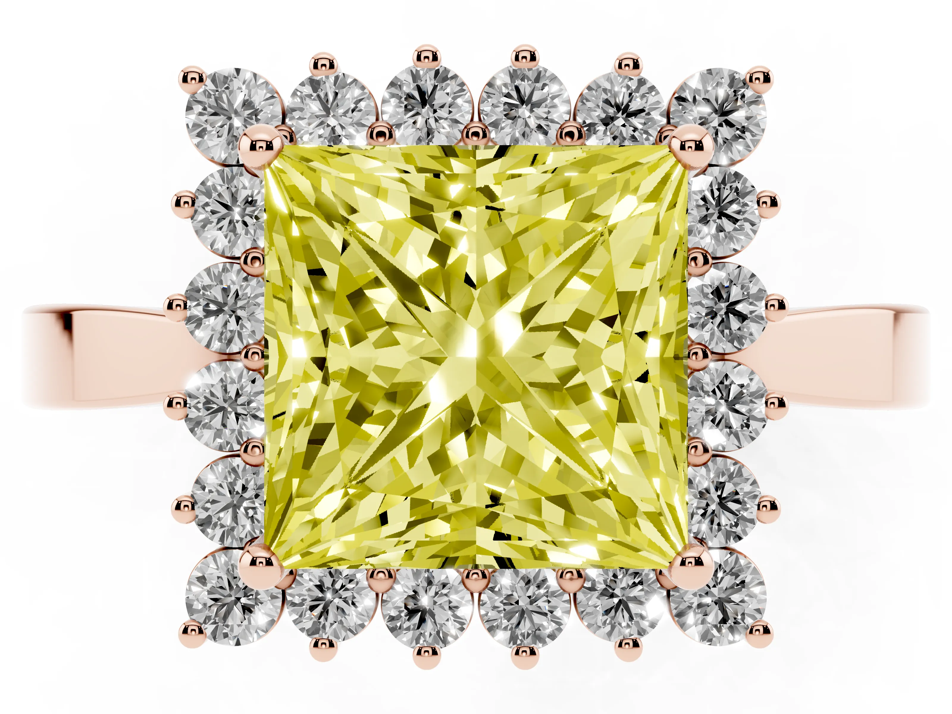 Fancy Yellow Princess Cut Diamond Halo Ring Set in Rose gold with Round Halo and Smooth Solitaire Band