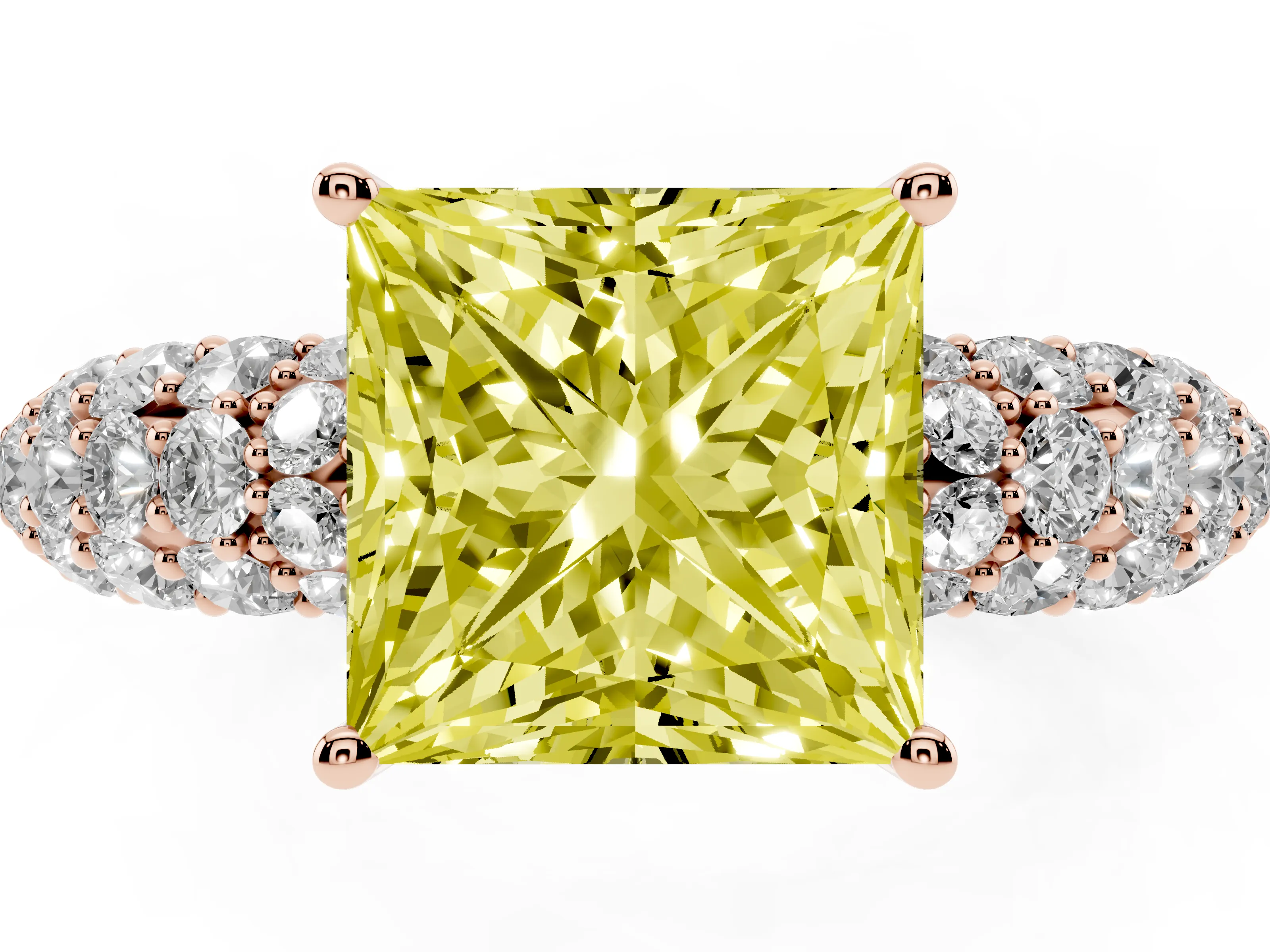 Fancy Yellow Princess Cut Diamond Pavé Band Solitaire Ring Set in Rose gold with Close-Set Accent Stones and Prong Setting