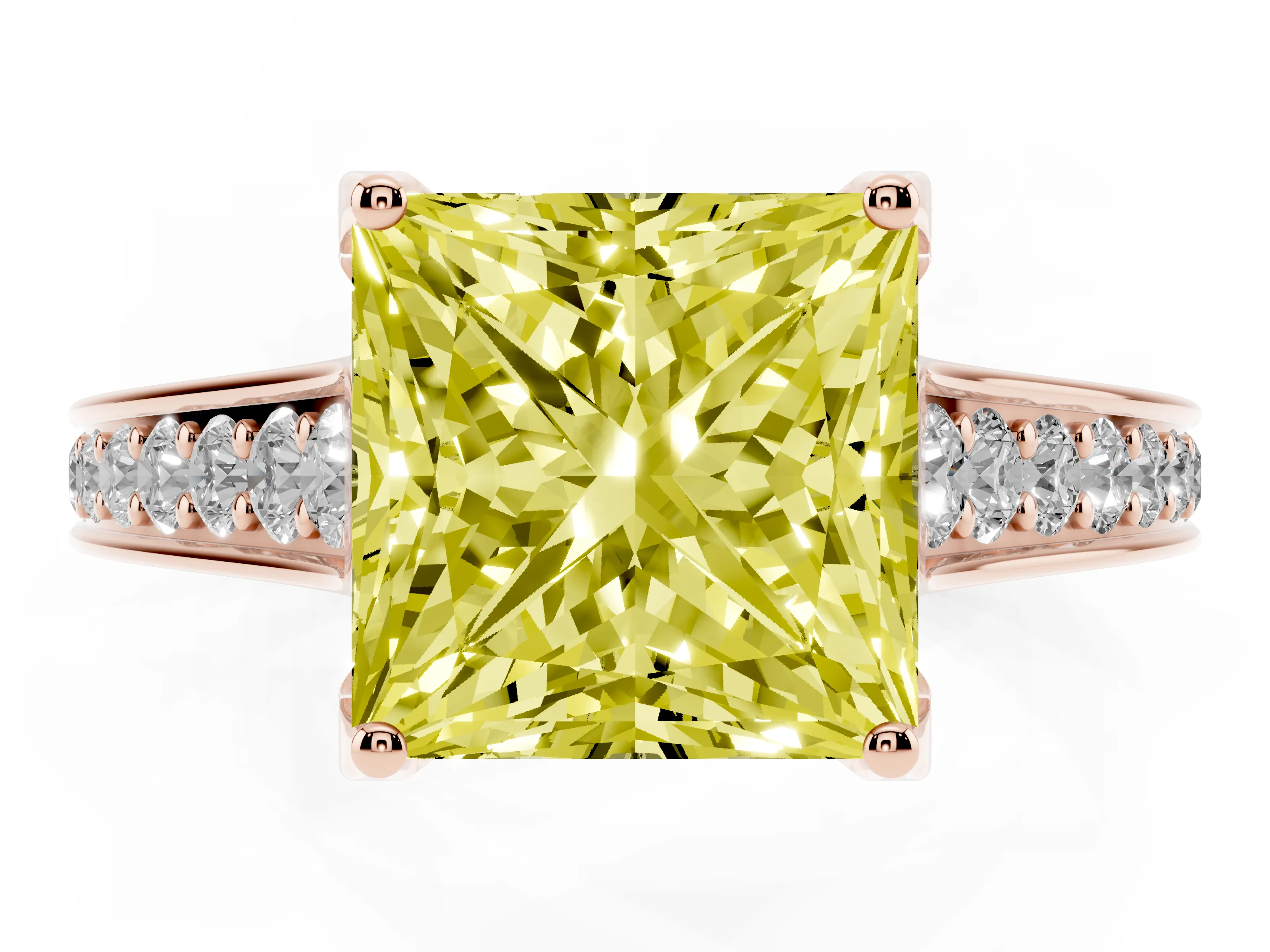 Fancy Yellow Princess Cut Diamond Solitaire Pavé Engagement Ring Set in Rose gold with Prong Setting