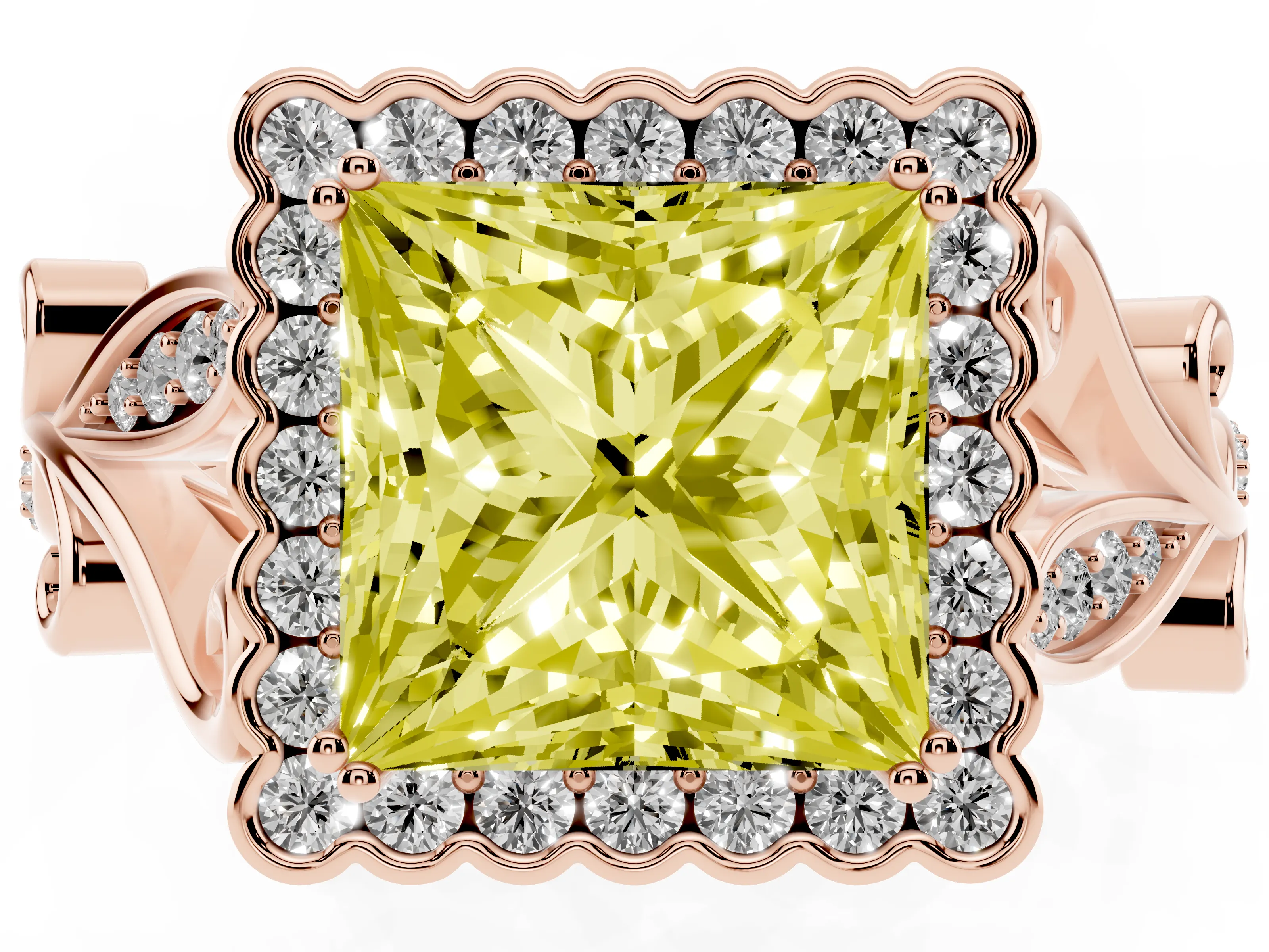 Fancy Yellow Princess Cut Diamond Halo Ring Set in Rose gold with Leaf Motif Split Shank and Prong Setting