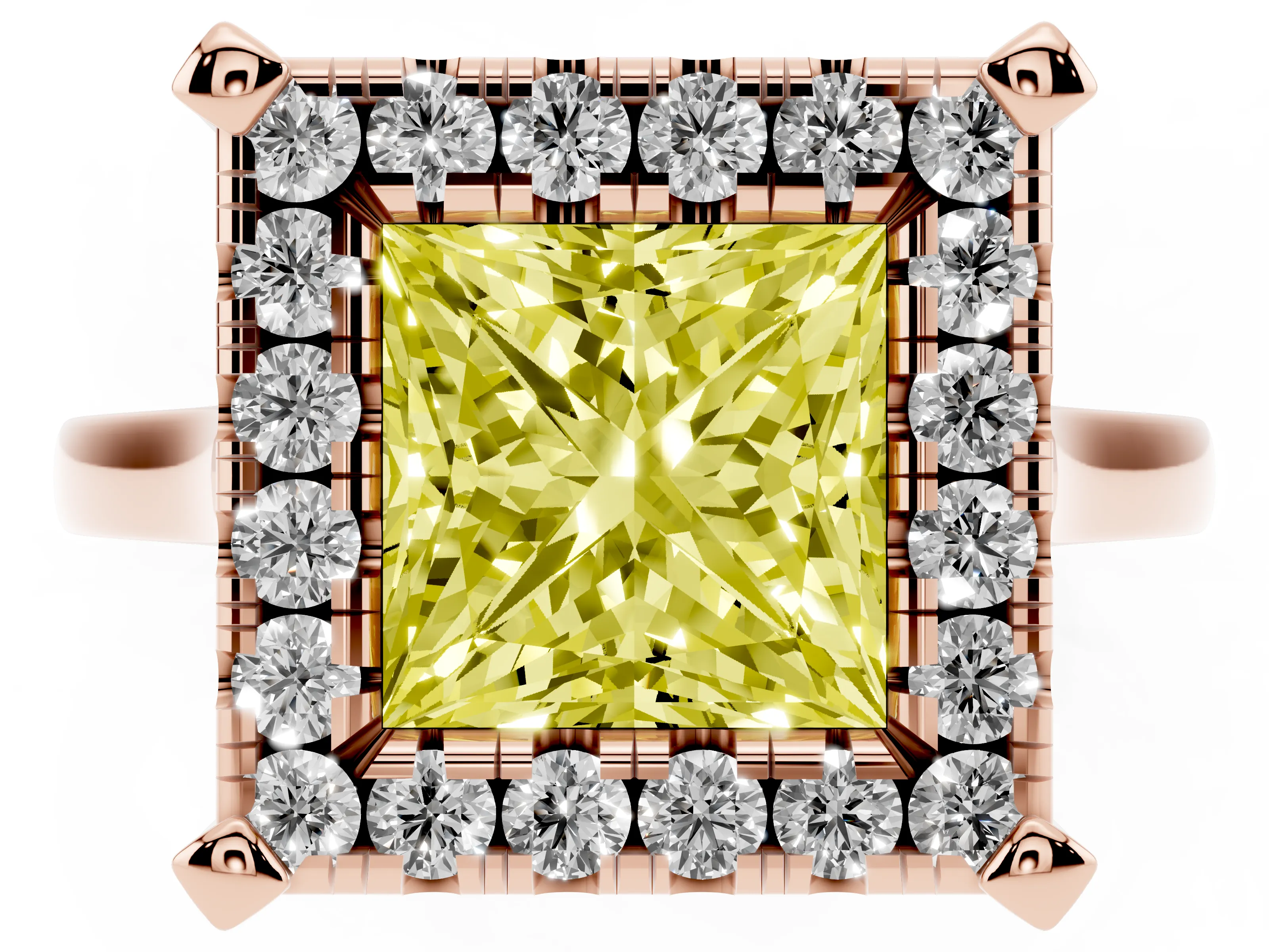 Fancy Yellow Princess Cut Diamond Cluster Halo Solitaire Ring Set in Rose gold with Prong Setting