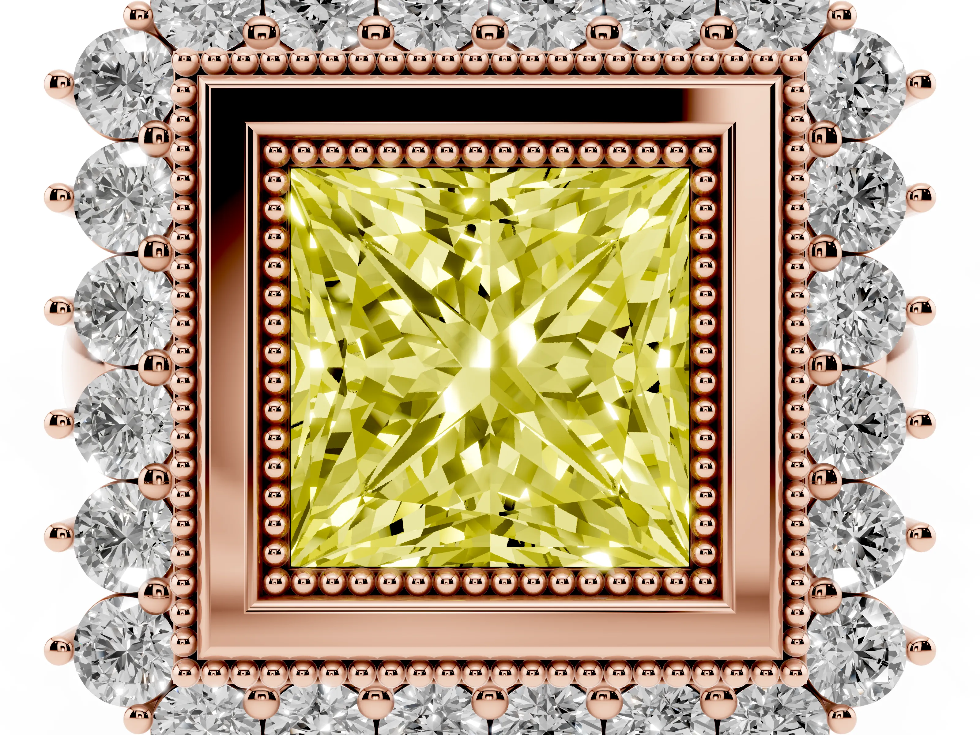 Fancy Yellow Princess Cut Diamond Halo Ring Set in Rose gold with Milgrain Edge and Round Prong Setting
