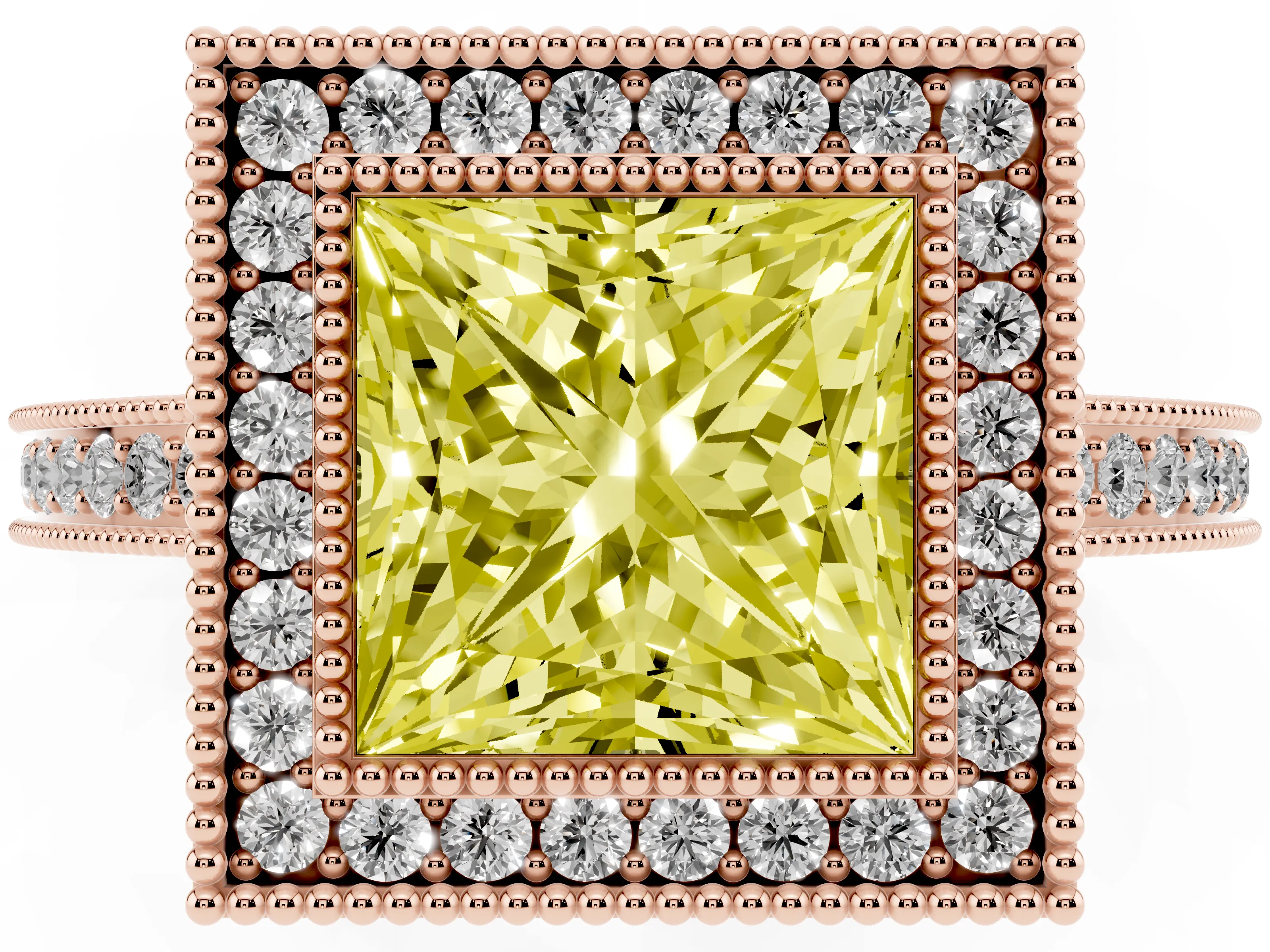 Fancy Yellow Princess Cut Diamond Halo Ring Set in Rose gold with Pavé Band and Milgrain-Edged Prongs