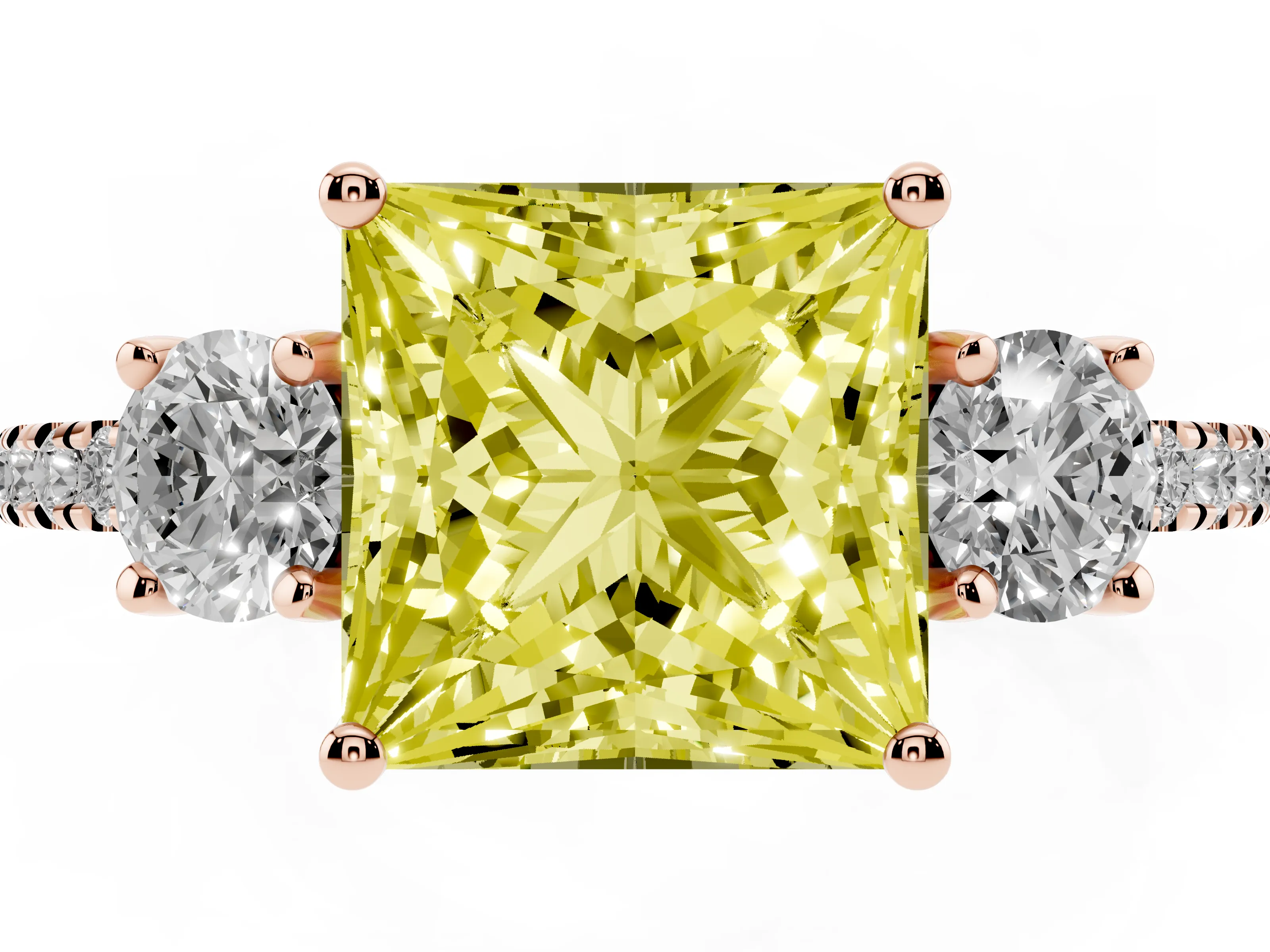 Fancy Yellow Princess Cut Diamond Three-Stone Ring Set in Rose gold with Pavé Band and Graduated Sides