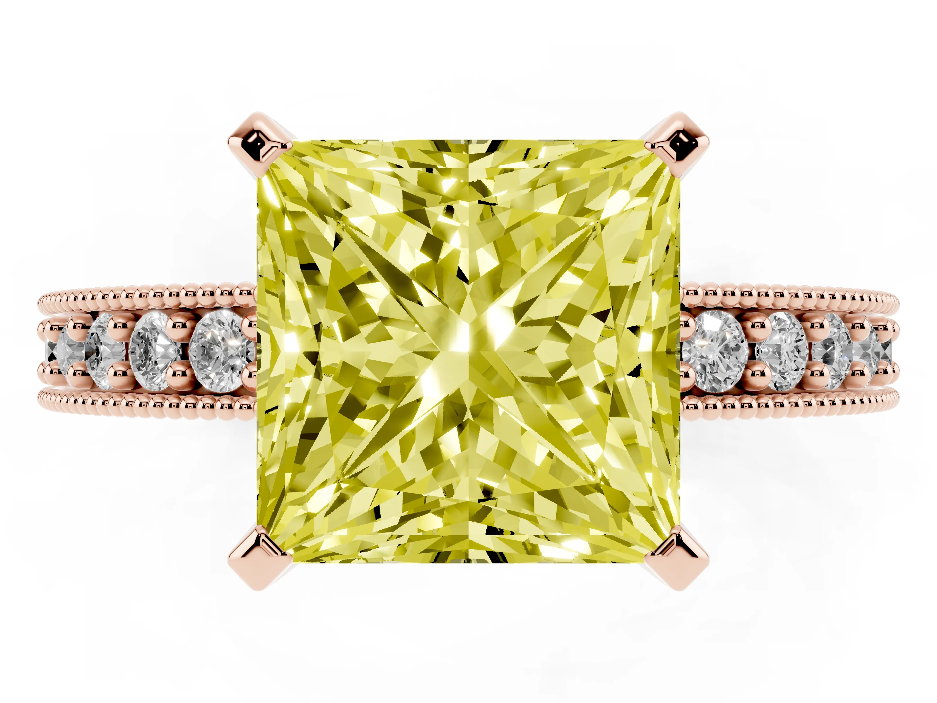 Fancy Yellow Princess Cut Diamond Milgrain Pavé Engagement Ring Set in Rose gold with Prong Setting