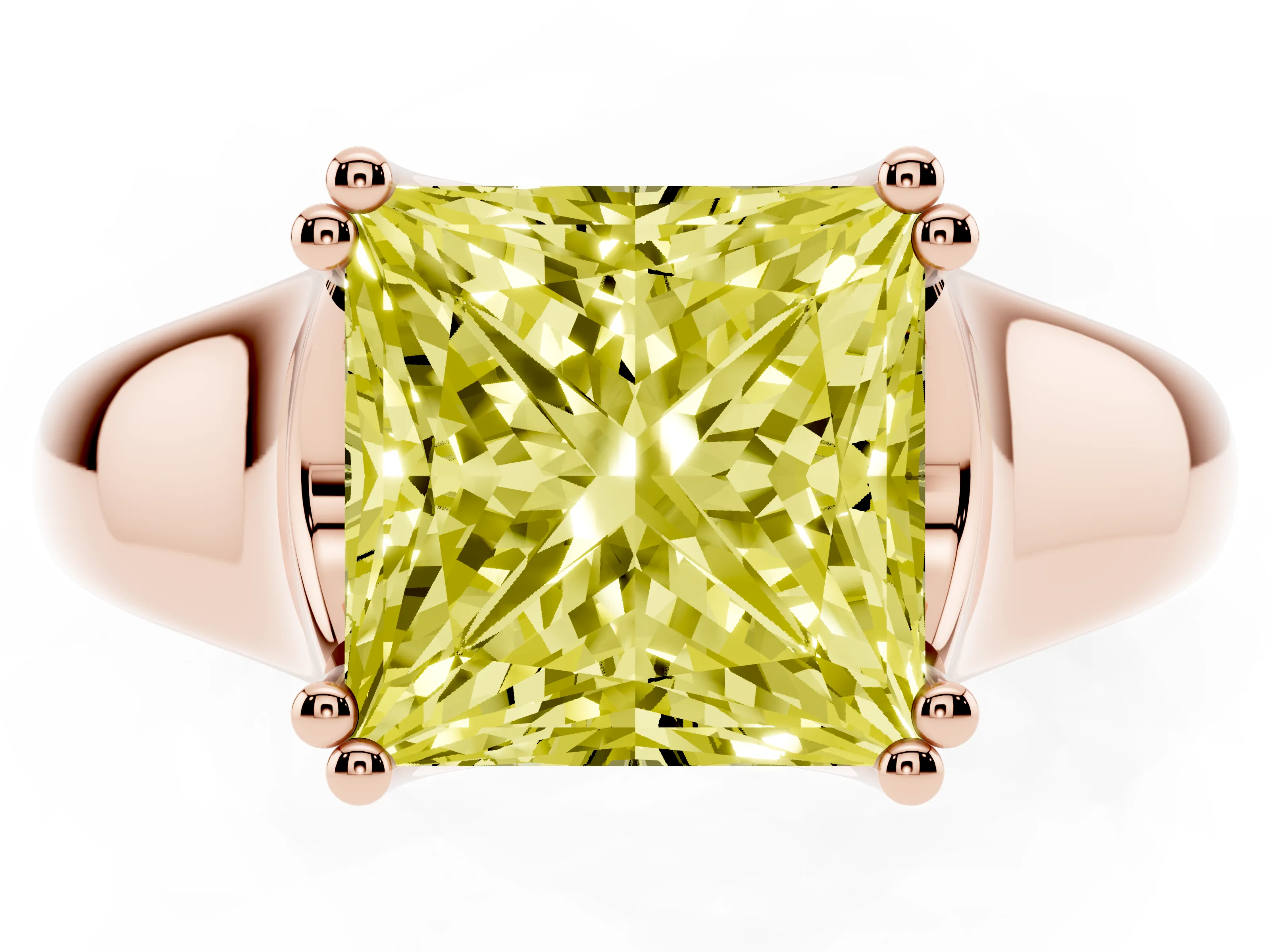 Fancy Yellow Princess Cut Diamond Solitaire Ring Set in Rose gold with Wide Band and Prong Setting