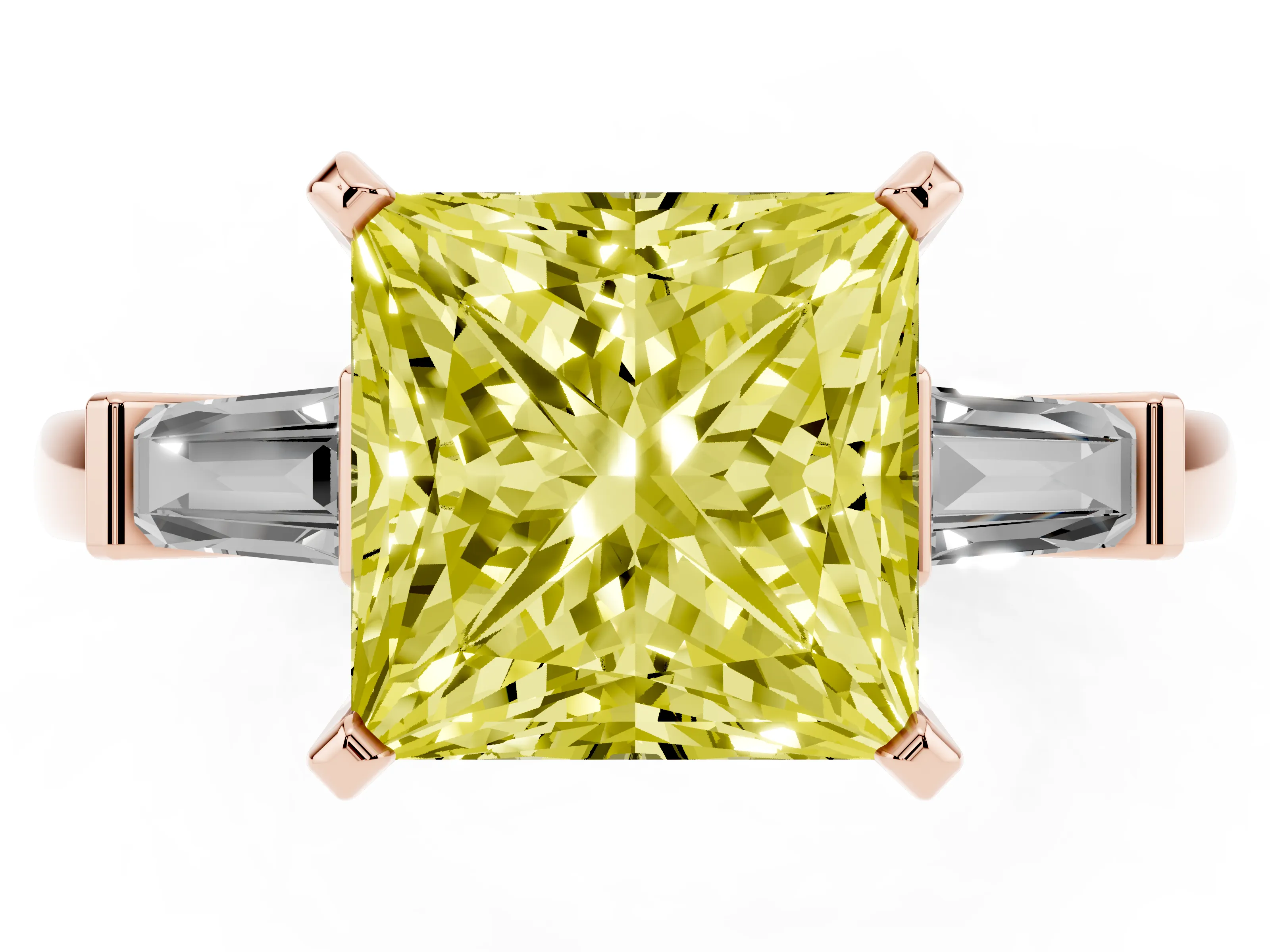 Fancy Yellow Princess Cut Diamond Solitaire Ring Set in Rose gold with Tapered Baguette Accents and Prong Setting