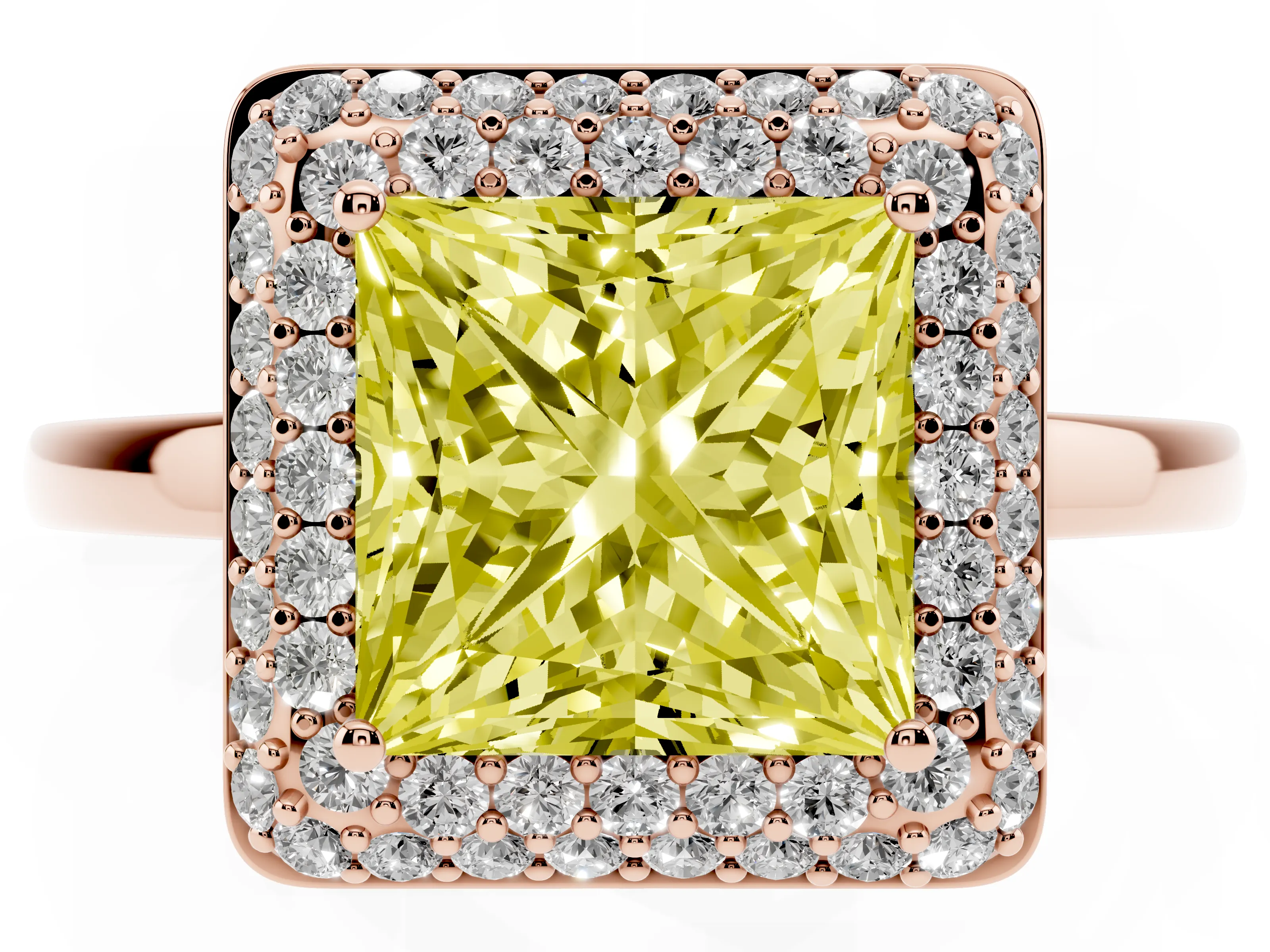 Fancy Yellow Princess Cut Diamond Halo Engagement Ring Set in Rose gold with Solitaire Band and Prong Setting