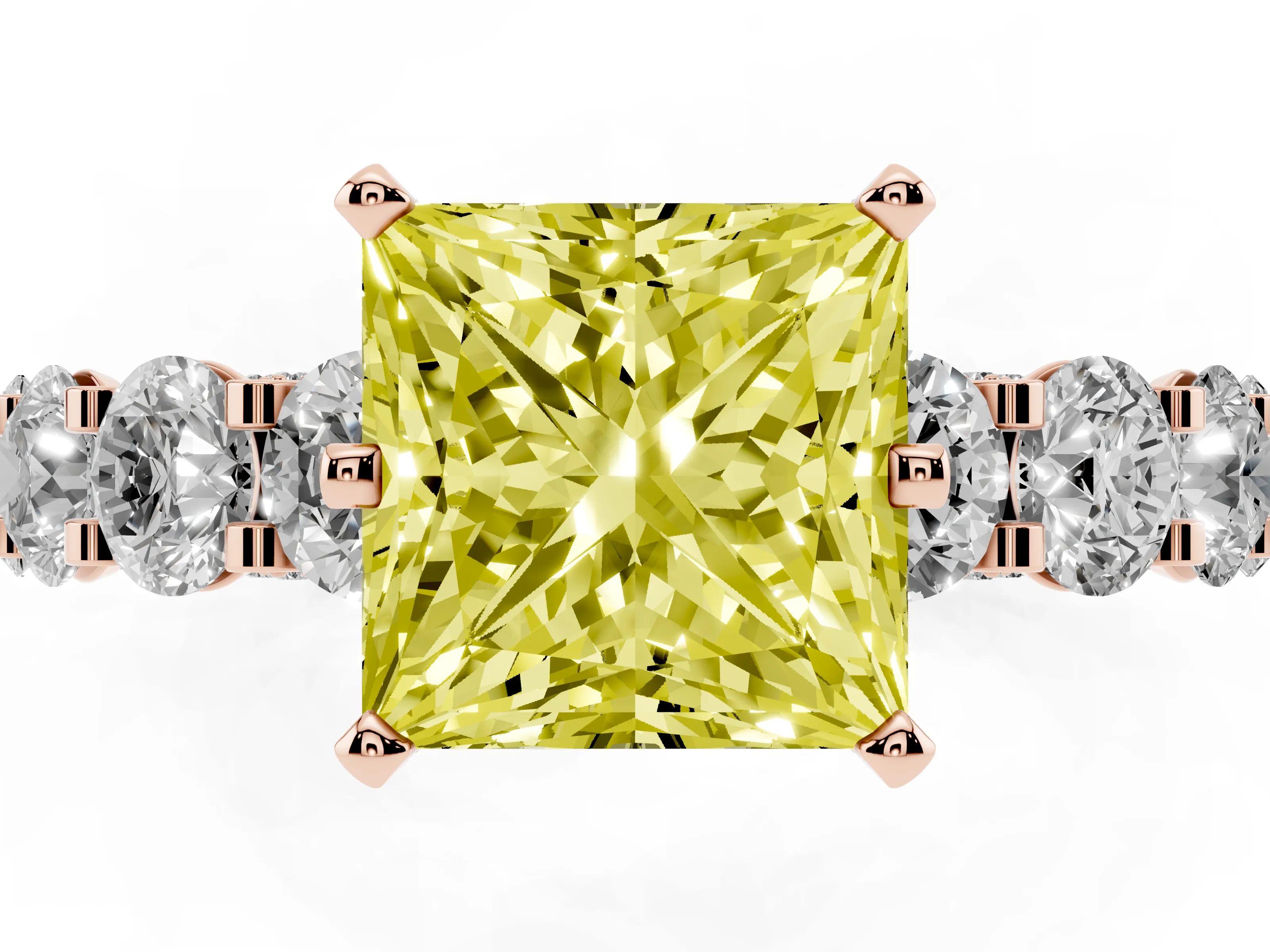 Fancy Yellow Princess Cut Diamond Side Stone Ring Set in Rose gold with Alternating Round and Oval Side Stones