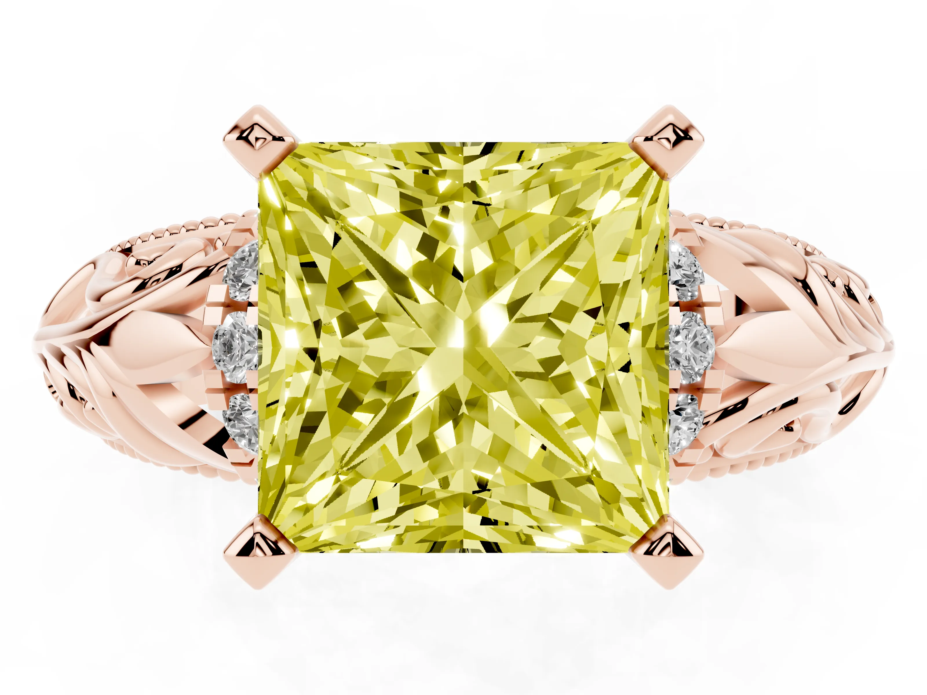 Fancy Yellow Princess Cut Diamond Filigree Halo Engagement Ring Set in Rose gold with Prong Setting