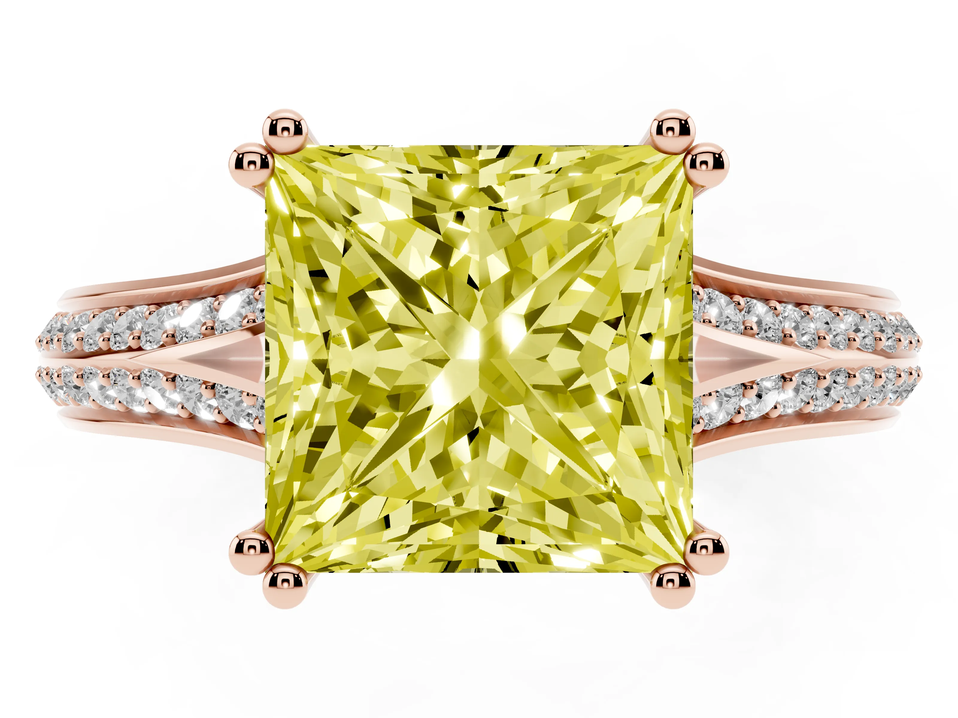 Fancy Yellow Princess Cut Diamond Split Shank Pavé Engagement Ring Set in Rose gold with Prong-Set Center Stone