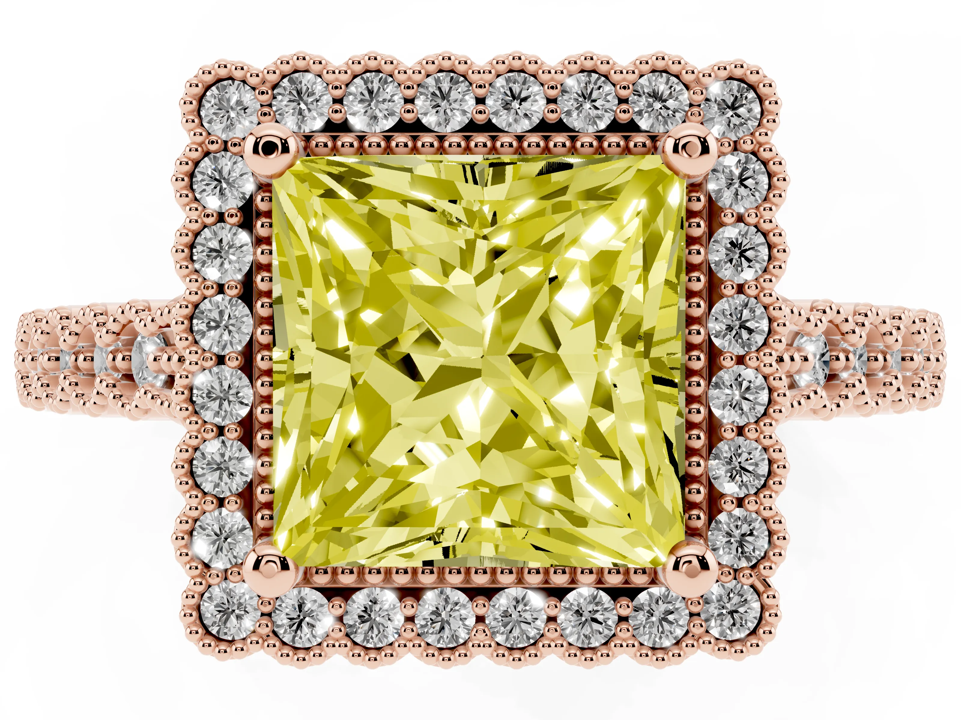 Fancy Yellow Princess Cut Diamond Halo Ring Set in Rose gold with Pavé Milgrain Band