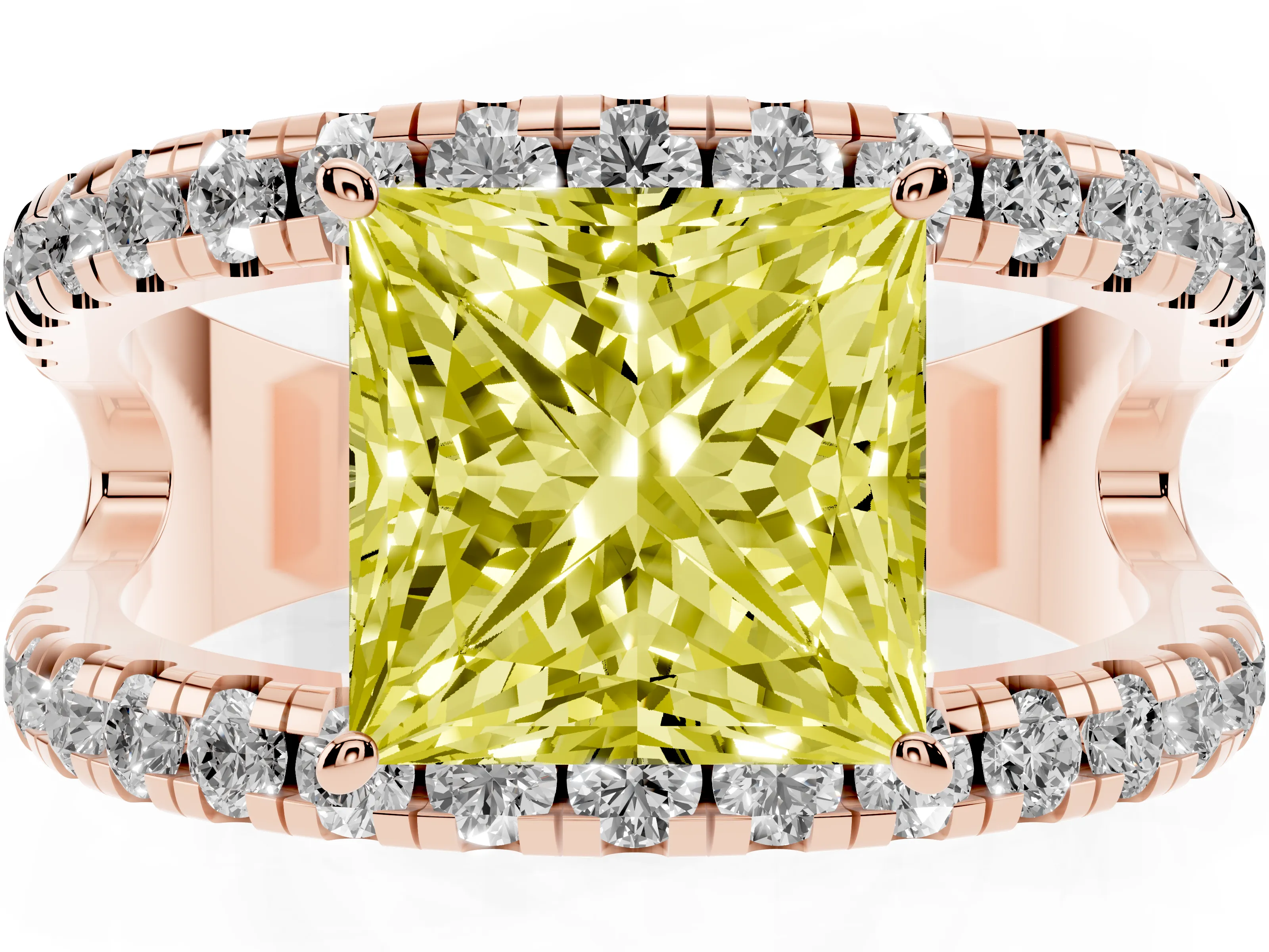 Fancy Yellow Princess Cut Diamond Split Shank Pavé Solitaire Ring Set in Rose gold with Open Shank Design