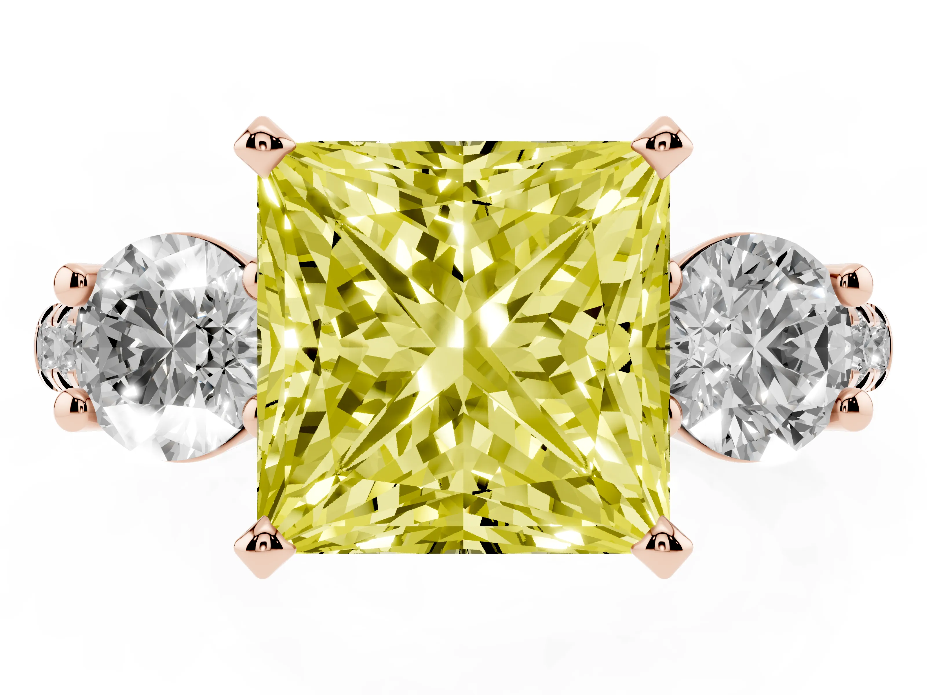 Fancy Yellow Three-Stone Princess Cut Diamond Pavé Band Ring Set in Rose gold with Prong-Set Trio