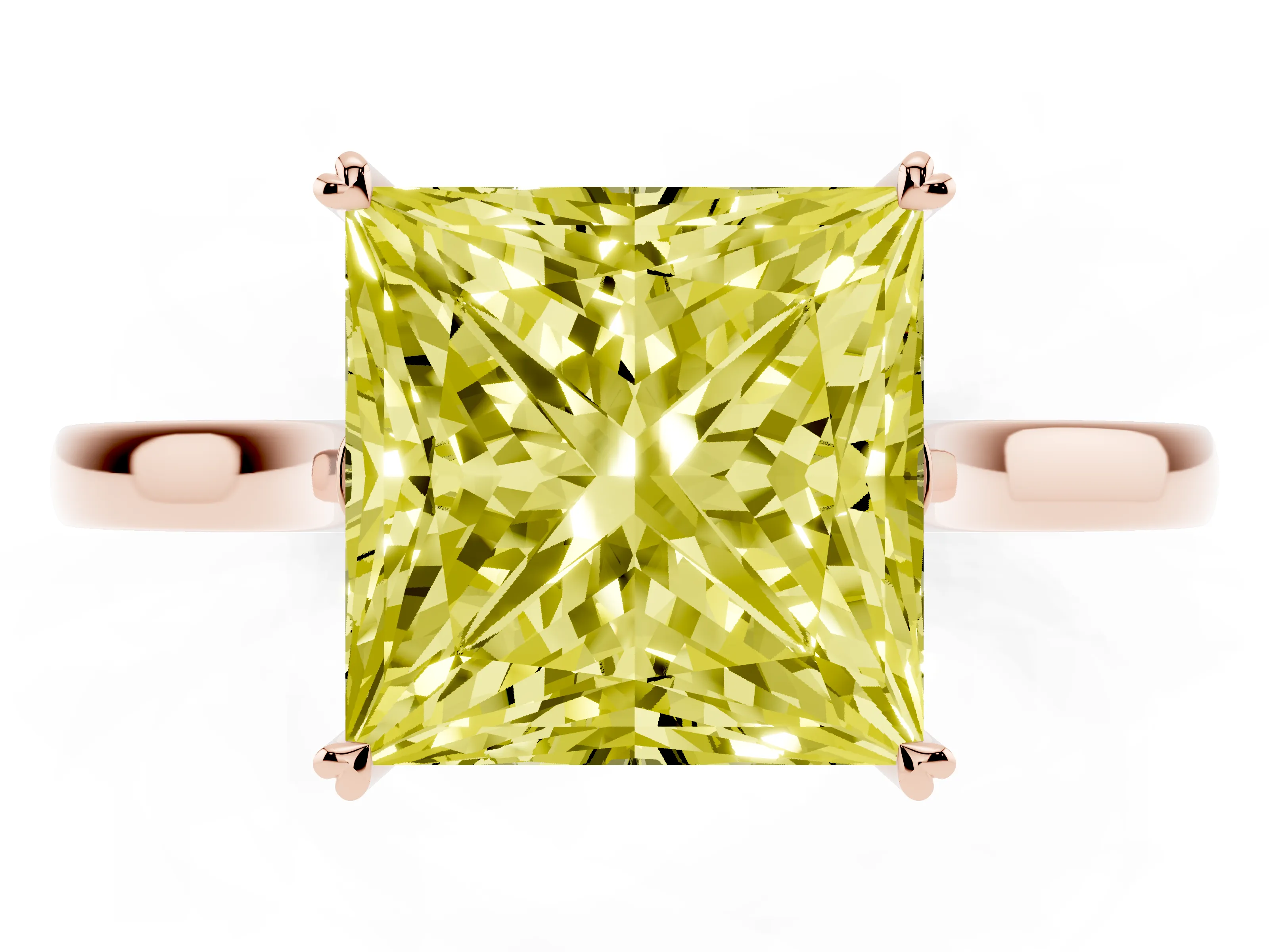 Fancy Yellow Princess Cut Diamond Solitaire Heart Prong Engagement Ring Set in Rose gold with Tapered Band