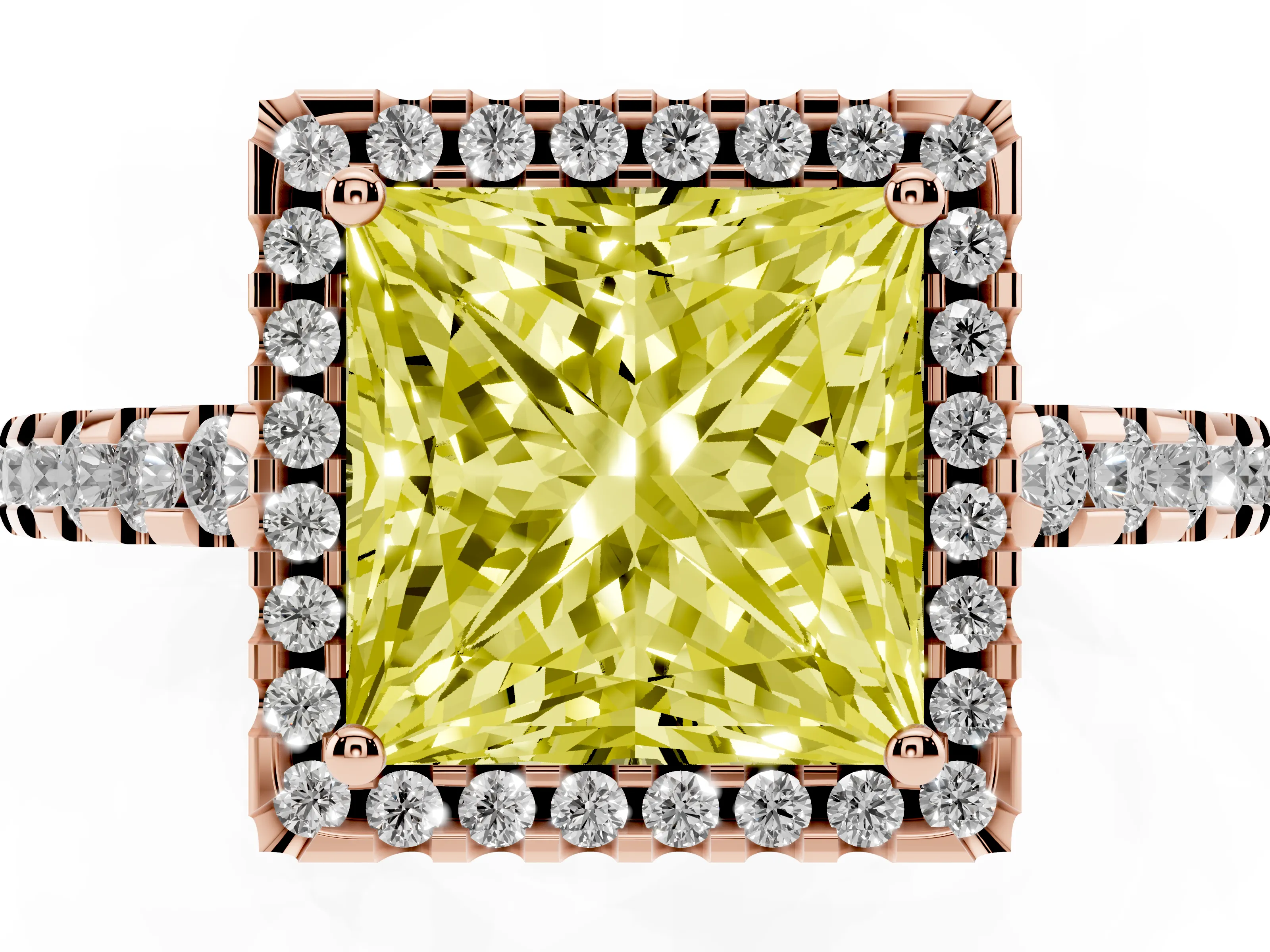 Fancy Yellow Princess Cut Diamond Halo Ring Set in Rose gold with Pavé Shoulders and Halo-Framed Center