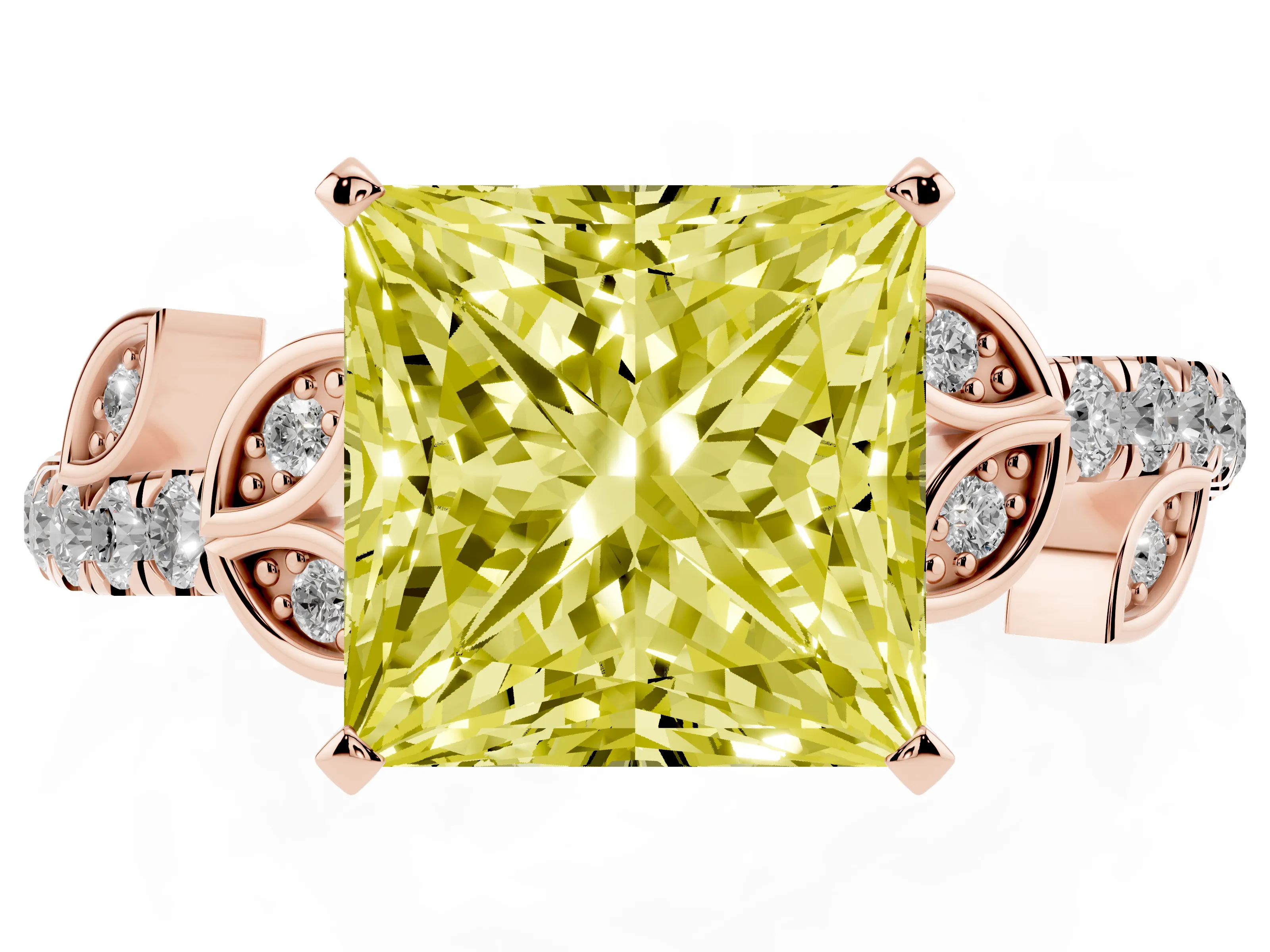 Fancy Yellow Princess Cut Diamond Solitaire Leaf-Inspired Ring Set in Rose gold with Pavé Band and Prong Setting