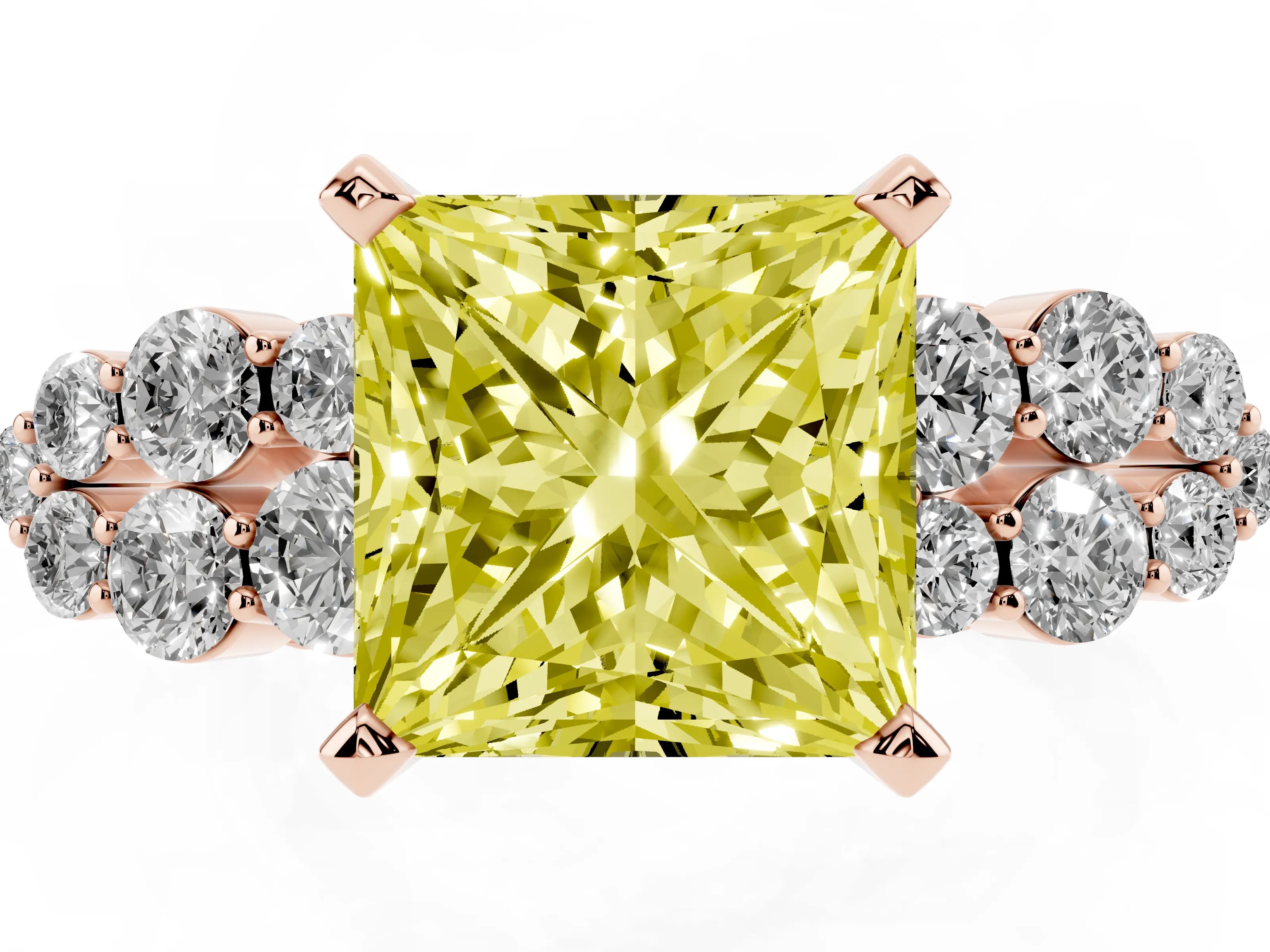 Fancy Yellow Princess Cut Diamond Cluster Engagement Ring Set in Rose gold with Pavé Band and Prong Setting