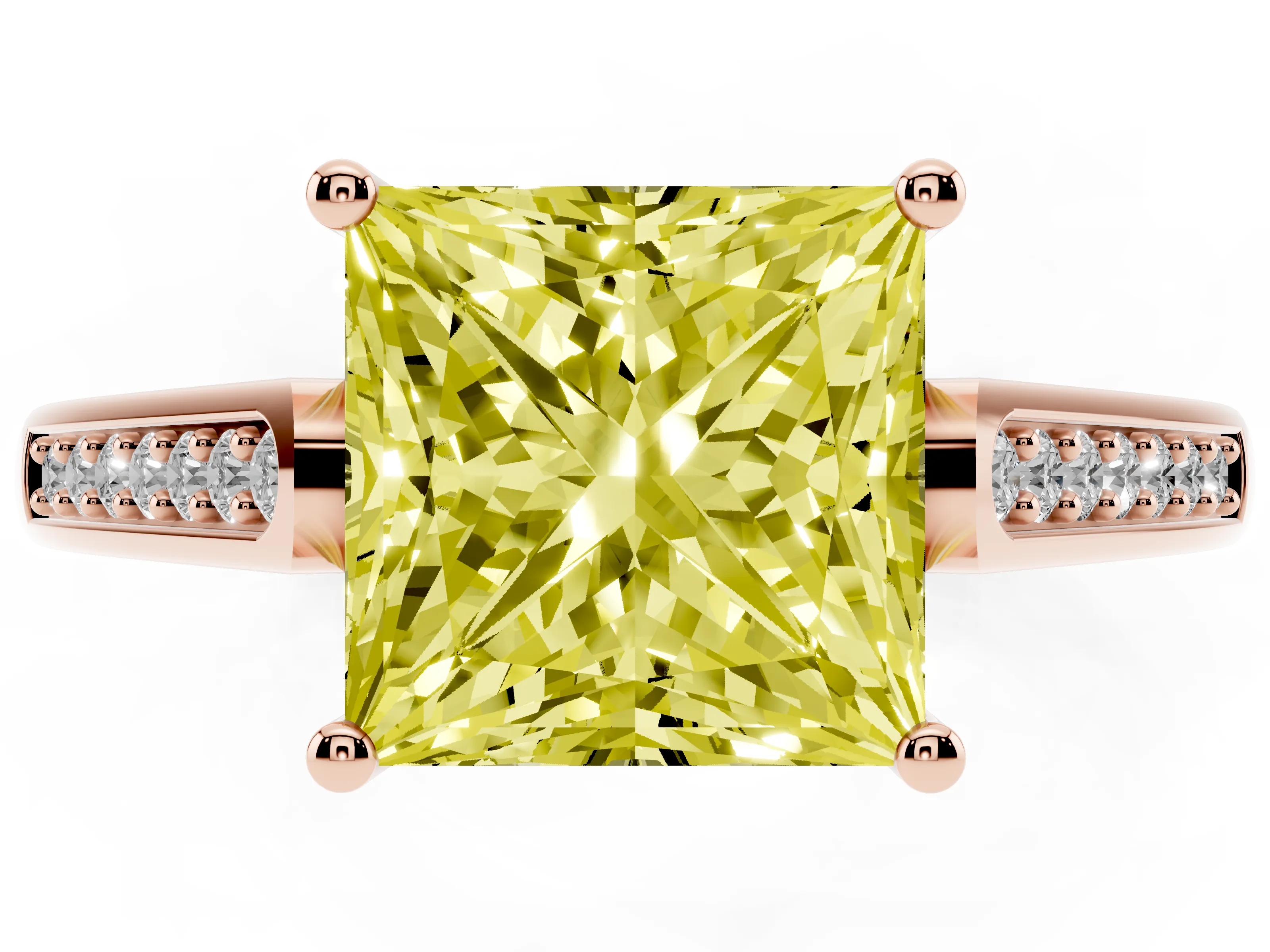 Fancy Yellow Princess Cut Diamond Solitaire Cathedral Engagement Ring Set in Rose gold with Channel-Set Band and Prong Setting