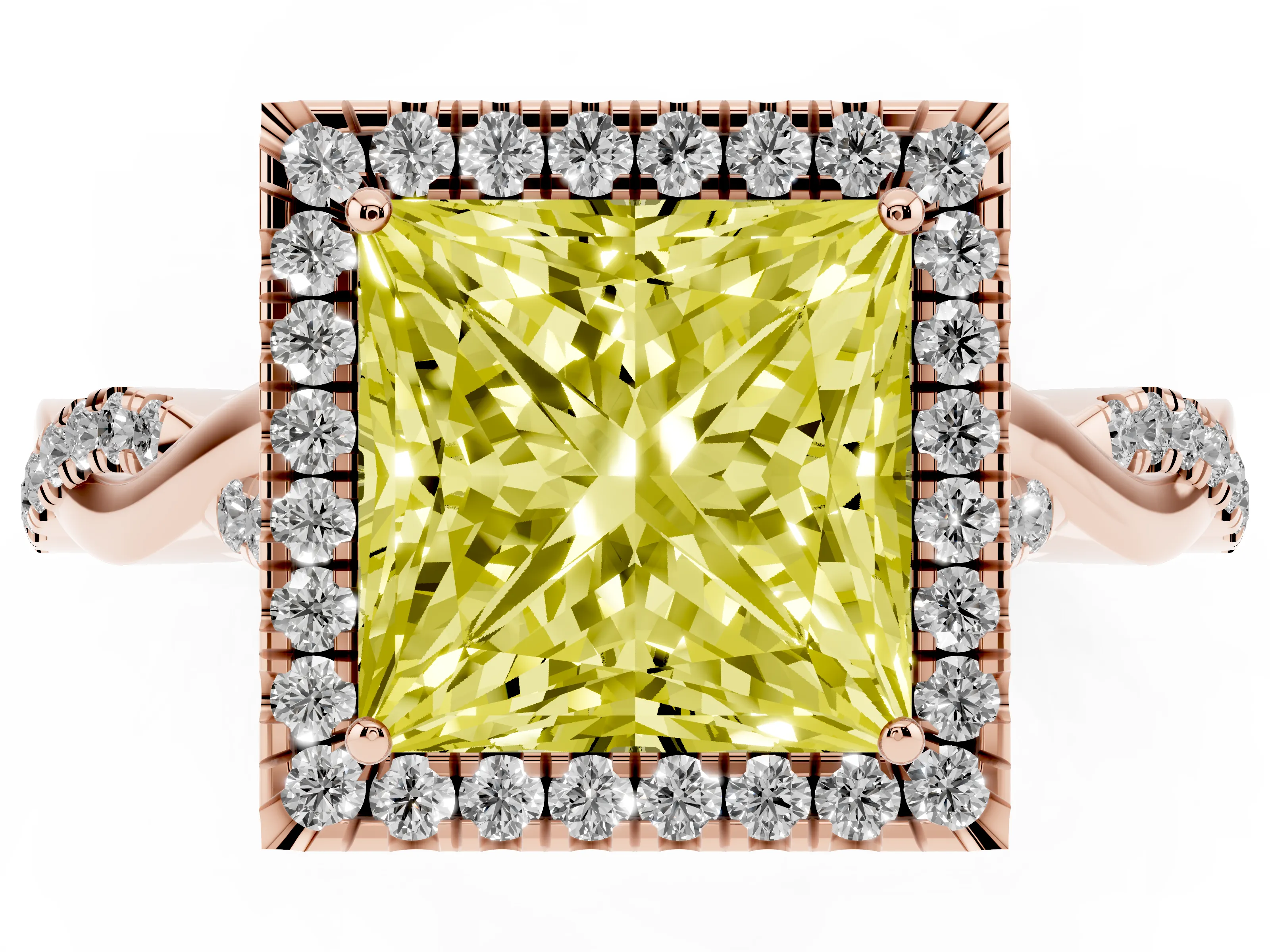 Fancy Yellow Princess Cut Diamond Halo Twist Band Solitaire Ring Set in Rose gold with Prong Setting