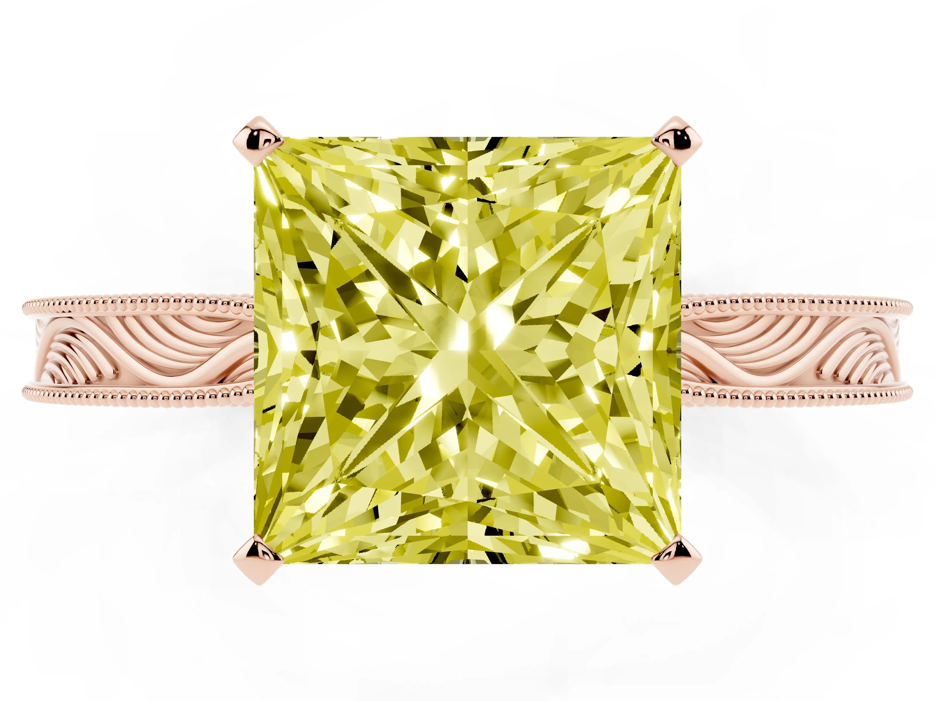 Fancy Yellow Princess Cut Diamond Solitaire Milgrain Engraved Band Set in Rose gold with Prong Setting